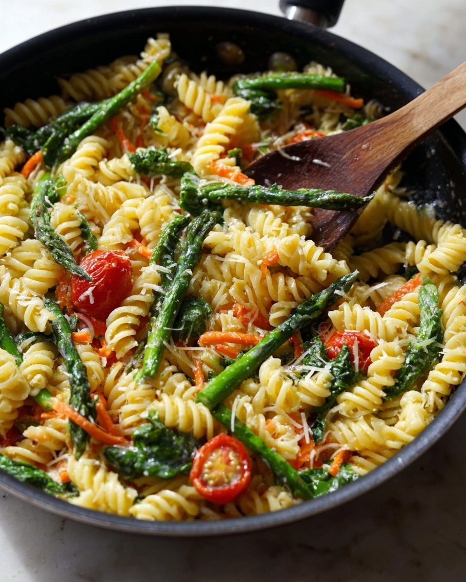 The image shows a close-up view of a black pan filled with rotini pasta as the main layer, light yellow and spiral-shaped; scattered within are bright green asparagus spears placed diagonally, mixed with dark green spinach leaves and thin orange carrot strips adding texture and color contrast. There are also halved red cherry tomatoes providing bright red highlights atop the pasta. A wooden spoon with a smooth surface is resting in the pan, slightly stirring the contents. The overall texture looks creamy and light, with small white cheese shreds sprinkled evenly over the dish. The pan sits on a white marbled surface. Photo taken with an iphone --ar 4:5 --v 7