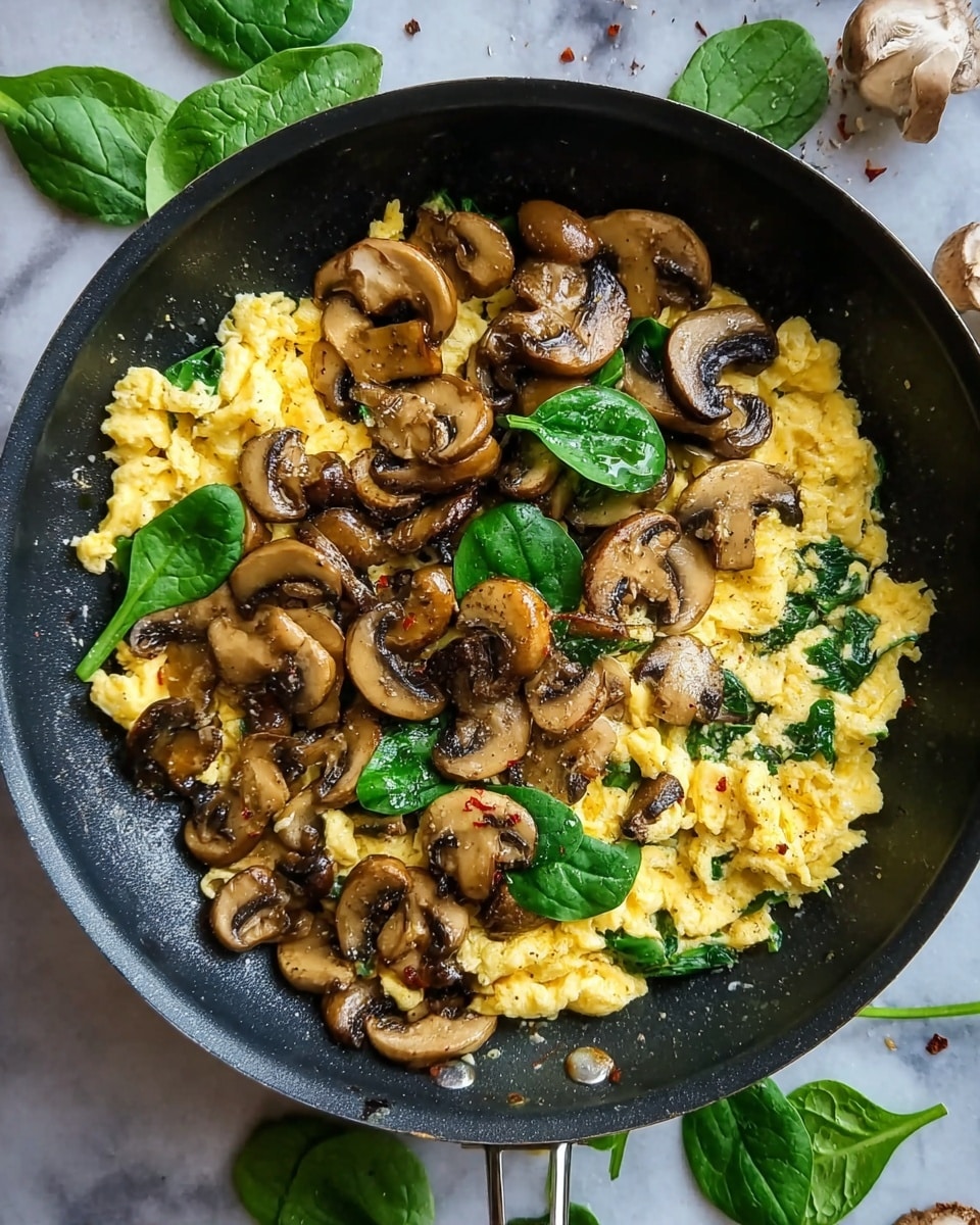 A close-up view of a creamy yellow scrambled eggs dish mixed with bright green spinach leaves, topped with several thick slices of brown sautéed mushrooms scattered evenly on top. Small green herb pieces are sprinkled over the top, adding color contrast. The eggs have a soft, fluffy texture, while the mushrooms appear glossy and slightly browned. The dish is presented on a white plate with scattered black speckles, resting on a white marbled surface. photo taken with an iphone --ar 4:5 --v 7