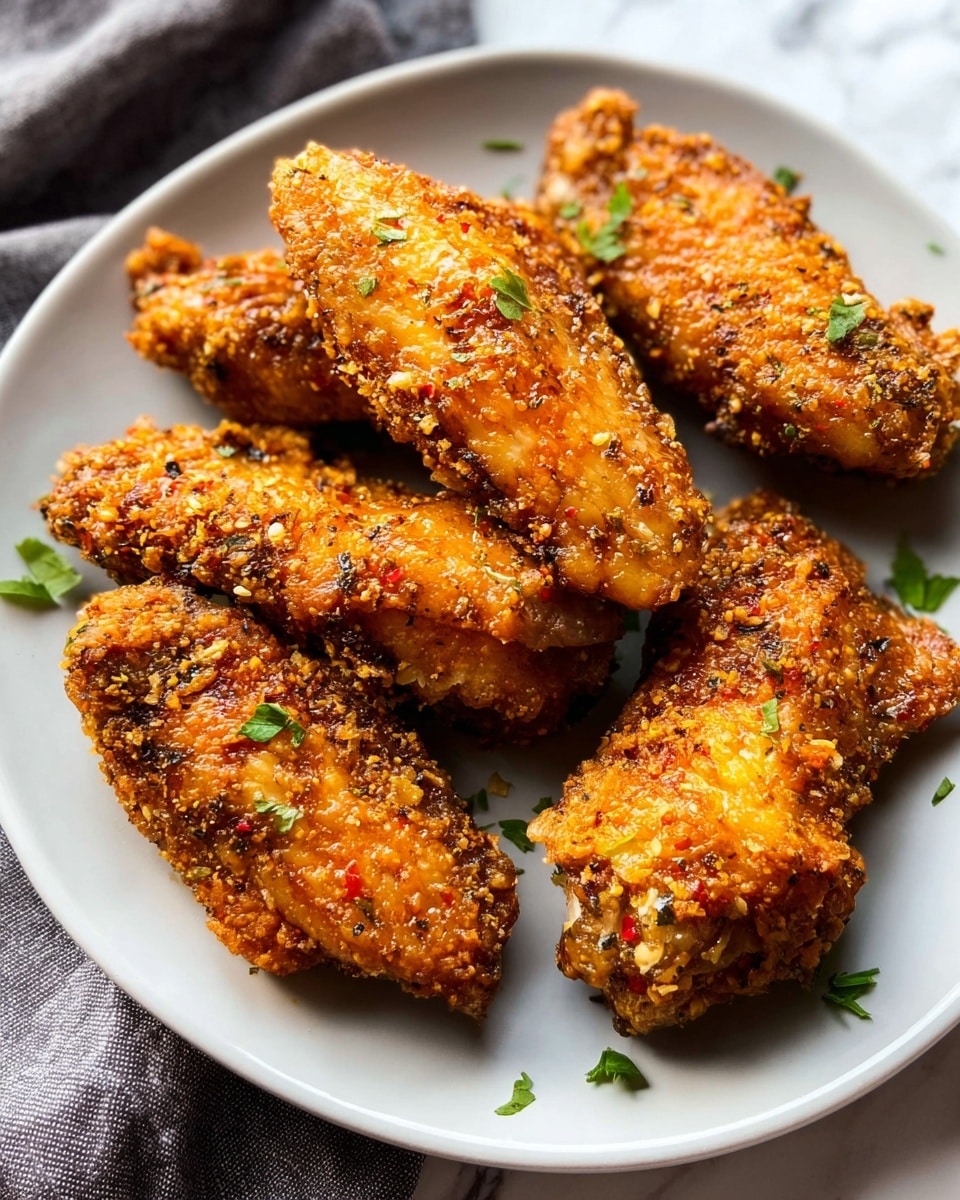 Five pieces of fried chicken wings are placed on a white plate, each wing showing a crunchy, textured coating with visible small bits of seasoning and spices in shades of golden brown and reddish-orange. The wings have a slightly shiny, oily surface with darker toasted spots and some green herb flakes sprinkled around. The plate rests on a white marbled surface, and a small part of a gray cloth is visible on the side. photo taken with an iphone --ar 4:5 --v 7