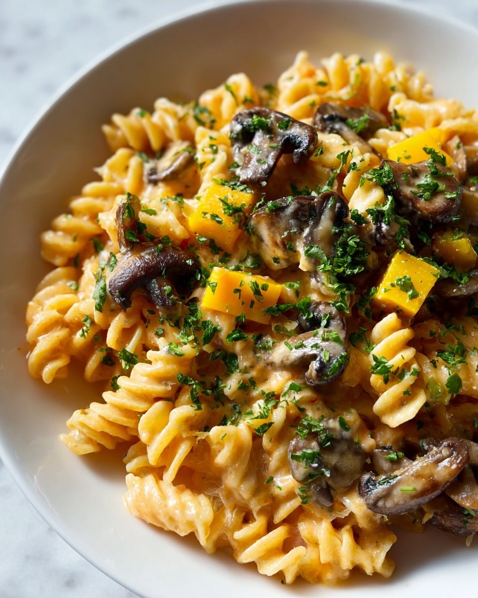 The dish shows a white bowl with a blue rim filled with pasta shaped like short spirals with ruffled edges, in a light orange sauce. On top, there are several soft, grayish fish pieces scattered and small green herb sprinkles adding color contrast. The pasta has a slightly glossy texture, and small yellow vegetable bits are mixed throughout. The bowl sits on a wooden surface, blurred out in the background are red tomatoes and a yellow container, all set against a white marbled texture. photo taken with an iphone --ar 4:5 --v 7