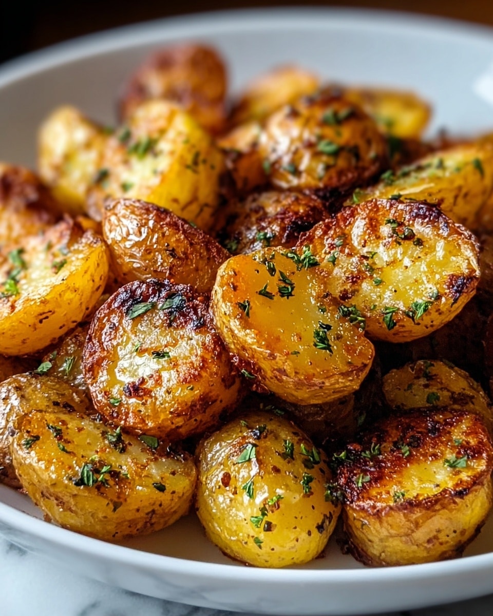 A white bowl filled with golden roasted potato halves, each piece showing a crispy, browned crust with charred edges and a slightly rough texture. The potatoes are sprinkled with small green herb leaves, adding a fresh touch and subtle contrast to the warm yellow and brown colors of the potatoes. The bowl rests on a white marbled surface, enhancing the rustic and appetizing look of the dish. photo taken with an iphone --ar 4:5 --v 7