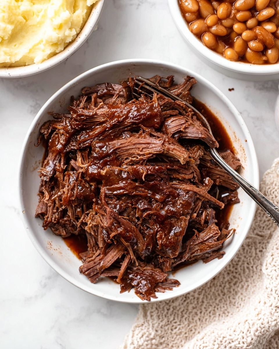 A white bowl filled with shredded beef covered in a glossy dark brown sauce, showing fibrous meat strands with some chunks, a metal fork resting on the right side of the bowl. Above it, partially visible is a glass bowl containing light brown baked beans with a thick sauce. Below, another white bowl holds a creamy, pale yellow potato salad with visible small bits mixed in. The setting is on a white marbled surface with a textured white cloth napkin on the right side. photo taken with an iphone --ar 4:5 --v 7