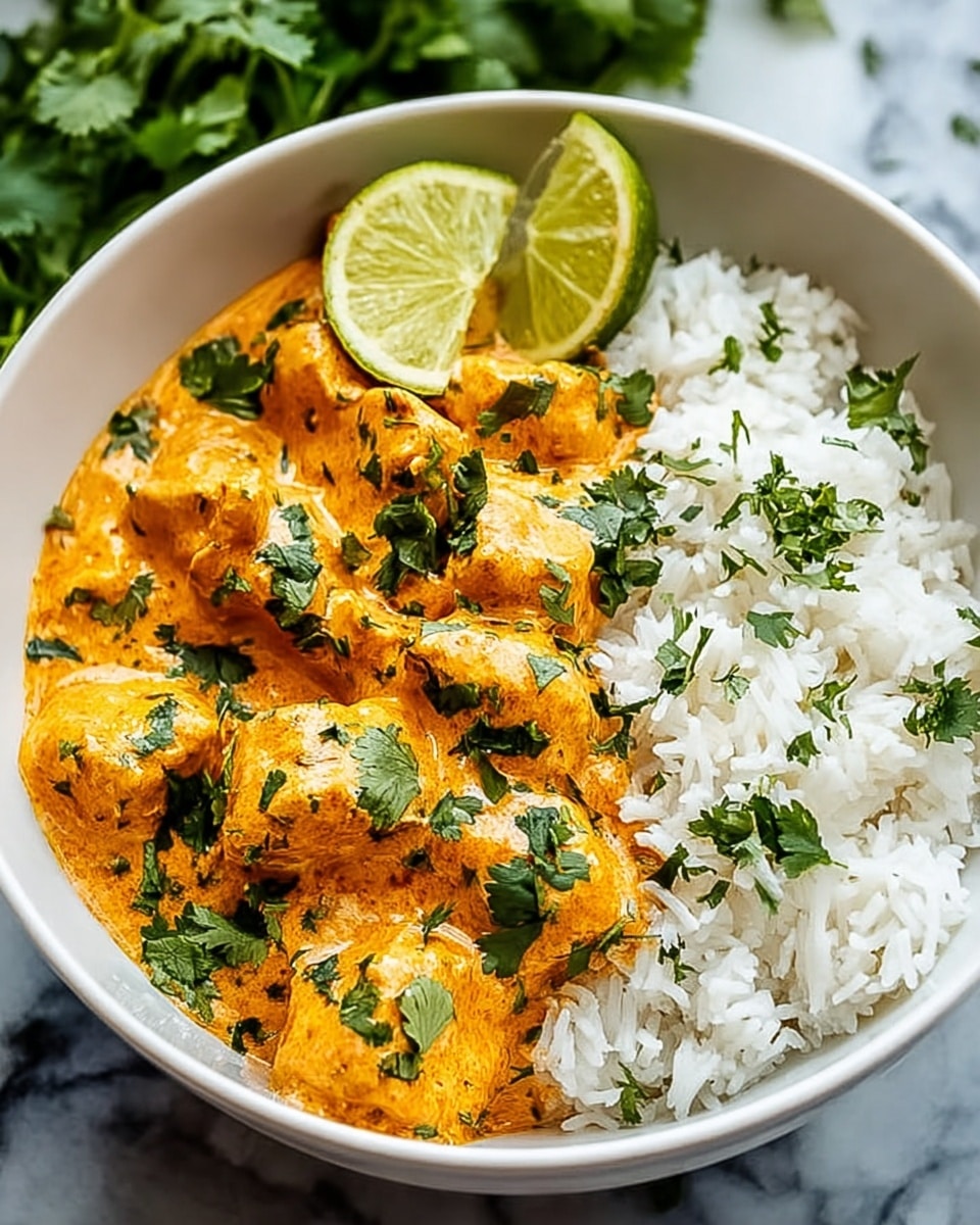 A white bowl filled with soft, white cooked rice at the bottom as the first layer, topped with creamy orange curry sauce covering chunks of tender chicken pieces as the second layer, sprinkled with fresh green cilantro leaves scattered across the curry for a pop of color, and a bright green lime wedge resting on one side of the bowl. The bowl sits on a white marbled surface. photo taken with an iphone --ar 4:5 --v 7