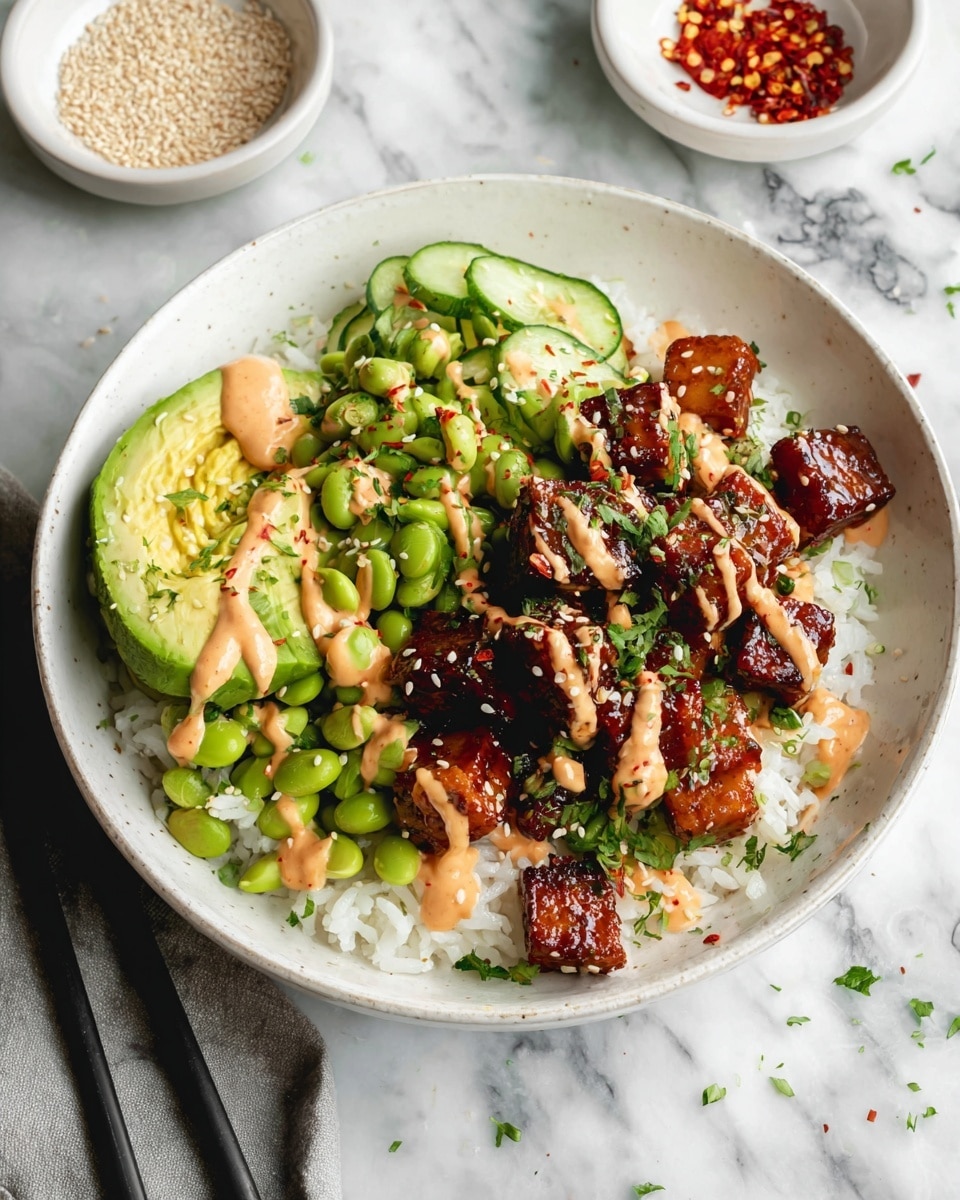 A white bowl holds a layered dish starting with a base of fluffy white rice. On top of the rice, there are glazed dark brown cubes of tofu spread mostly on one side. Bright green edamame beans are scattered over the tofu and rice, adding bursts of color. Thinly sliced cucumber rounds are placed on the opposite side of the tofu, next to a smooth, light green half of avocado drizzled with a creamy light orange sauce and sprinkled with red chili flakes. The tofu pieces also have some white sesame seeds and the dish is garnished with small parsley leaves. The bowl sits on a white marbled surface, accompanied by two small white bowls containing sesame seeds and red chili flakes, with a pair of black chopsticks nearby. photo taken with an iphone --ar 4:5 --v 7