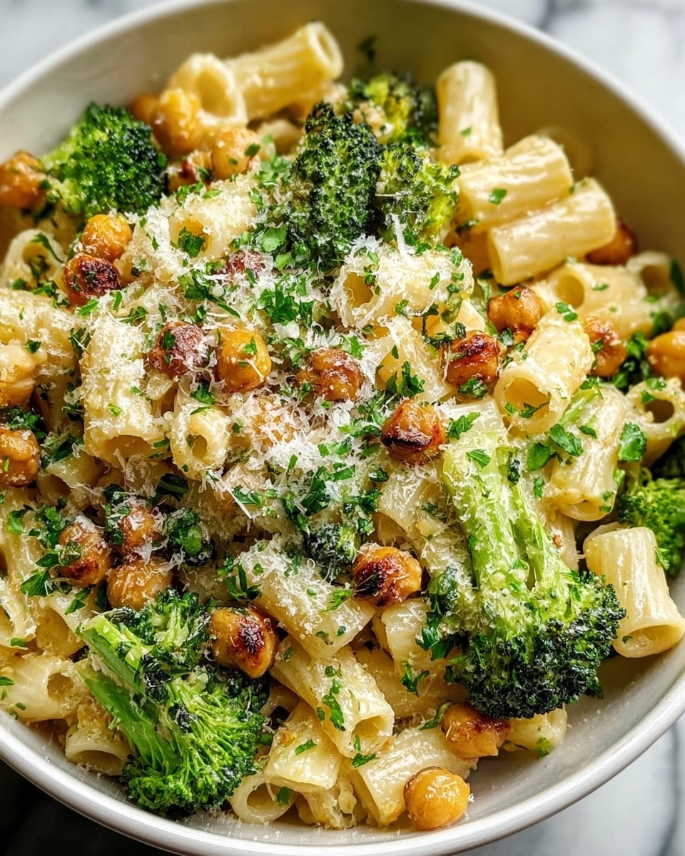 A close-up of a bowl filled with creamy pasta made of short, hollow tubes, mixed generously with bright green broccoli florets and golden-brown roasted chickpeas scattered throughout; the top is sprinkled with finely grated white cheese and finely chopped fresh green herbs, adding texture and color contrast; all ingredients are well-coated in a light sauce that gives a slight shine to the pasta and vegetables, served in a white bowl placed on a white marbled surface. photo taken with an iphone --ar 4:5 --v 7