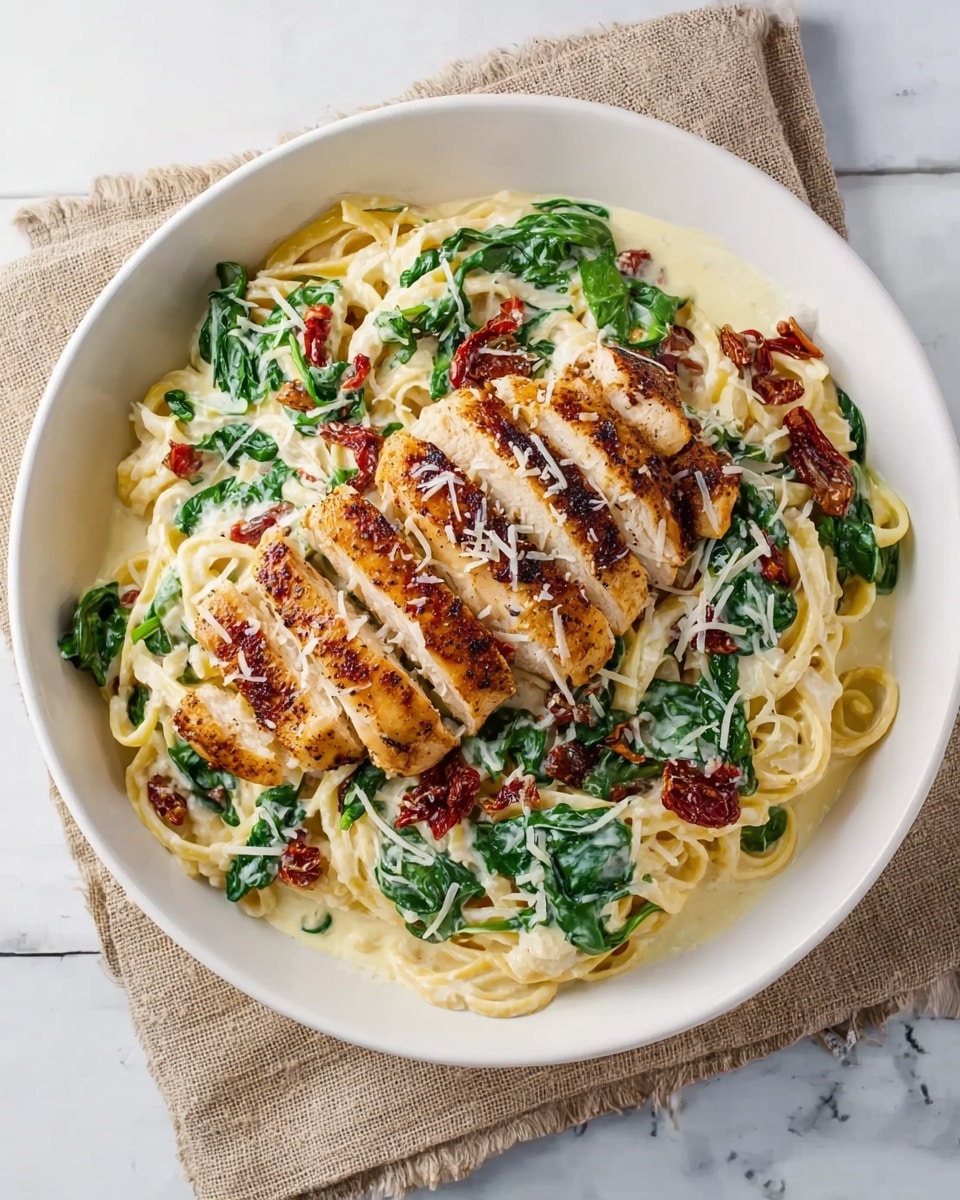 A silver pan is filled with a creamy light yellow sauce mixed with pieces of white chicken and bright green spinach leaves scattered throughout. Dark red dried tomatoes sit on top in small clusters, adding texture and color contrast. Around the pan, a white marbled board holds two small wooden bowls, one filled with white grated cheese and the other with more dried tomatoes, while a wooden spoon with bits of cooked onions rests next to the pan. The colors are warm and natural, highlighting the rich, creamy texture of the dish. photo taken with an iphone --ar 4:5 --v 7