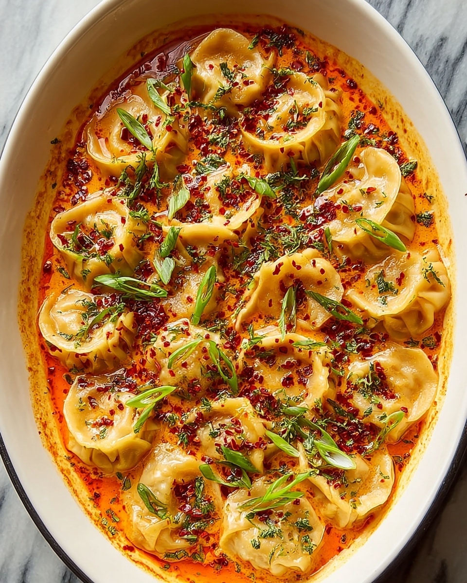 A white oval dish filled with about 18 dumplings arranged closely in a single layer, their light golden wrappers glossy with oil, sitting in a rich orange-red spicy sauce that has a smooth creamy texture. The dumplings are topped with bright red chili flakes and scattered thin slices of fresh green onions, adding pops of vibrant color. The sauce also shows hints of finely chopped herbs sprinkled evenly over the dumplings, and some oil droplets float on the surface, making the dish look shiny and appetizing. The background is a white marbled surface. photo taken with an iphone --ar 4:5 --v 7