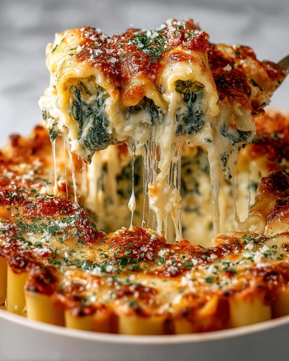 A close-up image shows a slice of spinach lasagna being lifted from a white bowl, with a woman's hand holding the slice. The lasagna has three visible layers: a top bubbly, browned cheese layer with golden spots, fresh green spinach leaves in a creamy white sauce in the middle, and a bright red tomato sauce layer visible underneath. The melted cheese stretches in long strands from the lasagna to the bowl, and small green herb sprigs are sprinkled on top and around the edges. The bowl sits on a white marbled surface, and the background is softly blurred with dark tones. photo taken with an iphone --ar 4:5 --v 7