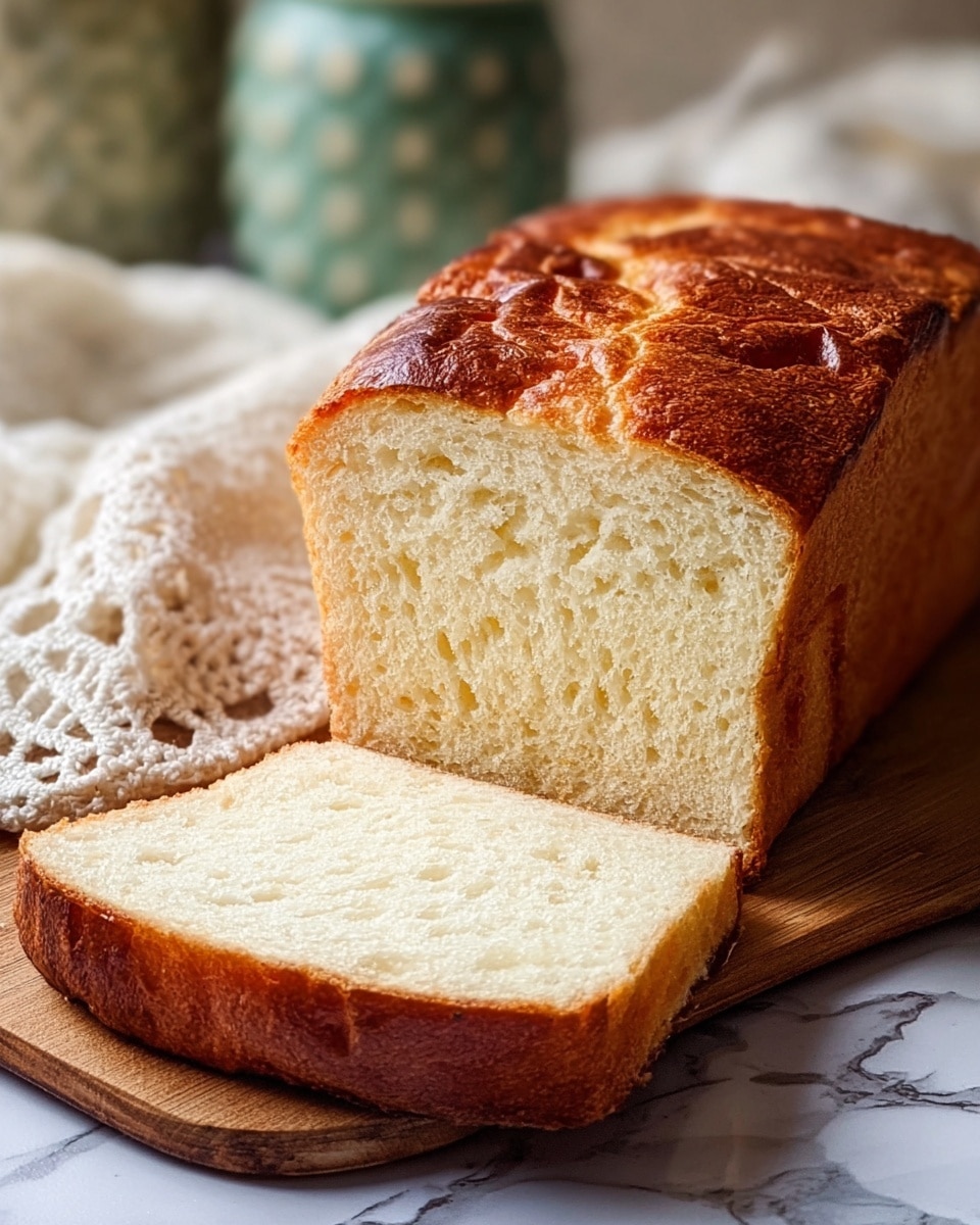 The image shows a thick slice of soft bread with a shiny, golden brown crust on top and a light, fluffy white inside. The bread slice sits on a white plate with black speckled patterns, placed on a white marbled textured surface. In the background, there is a blurred jar with white content and a light cloth. The crust has uneven peaks and a slightly glossy look, showing a fresh bake. photo taken with an iphone --ar 4:5 --v 7