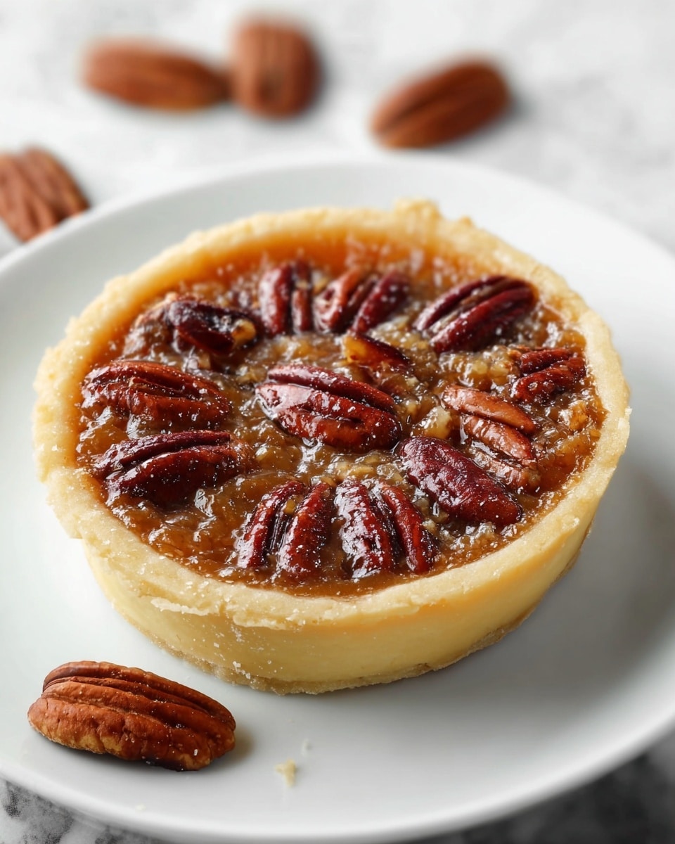 A small round pecan tart sits in the center of a white plate, showing three clear layers: the bottom crumbly pale yellow crust that forms the bowl shape, the middle amber-brown gooey filling with a glossy texture, and the top layer of many glossy, rich reddish-brown whole pecans embedded in the filling. Around the plate on the white marbled surface, several loose pecans are scattered, adding depth to the scene. photo taken with an iphone --ar 4:5 --v 7