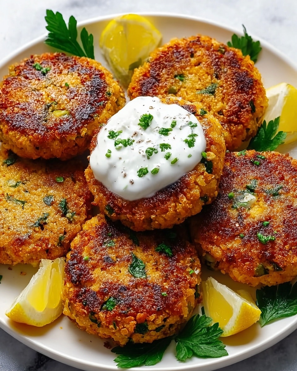 A white plate holds six round patties with a golden brown and slightly charred crispy crust, each with visible green herb bits baked inside. The patties are arranged in a circular pattern with one stacked on top in the center, topped with a dollop of creamy white sauce sprinkled with green herbs. Around the patties are bright yellow lemon wedges and fresh green parsley leaves. The plate sits on a white marbled surface. Photo taken with an iphone --ar 4:5 --v 7