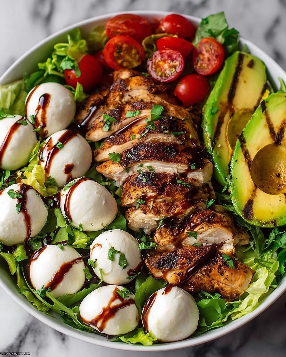 A white bowl is filled with a fresh salad starting with a base layer of bright green leafy lettuce. On top, there are slices of grilled chicken with a rich brown color and grill marks, garnished with small chopped green herbs. To one side, there are round white mozzarella balls drizzled with a dark balsamic glaze. Opposite the mozzarella, there are halved cherry tomatoes showing their juicy red interiors. Next to the chicken, there is a grilled avocado half with dark grill lines over its light green flesh. The whole dish looks fresh, colorful, and well arranged on a white marbled texture surface. photo taken with an iphone --ar 4:5 --v 7