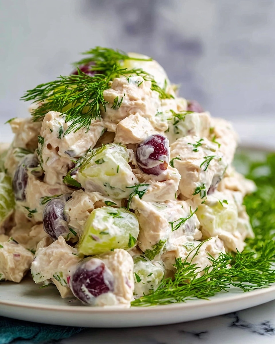 This image shows a creamy chicken salad served on a white plate. The salad has several layers of pale creamy white chicken pieces, mixed with small chunks of light green celery, dark purple grapes, and bits of bright red onion. Fresh green dill and parsley leaves are scattered on top and between the layers, adding a touch of vibrant color. The textures range from the smooth creaminess of the dressing to the chunkiness of the chicken and crunchy vegetables. The background features a white marbled texture, giving a clean and fresh look. photo taken with an iphone --ar 4:5 --v 7