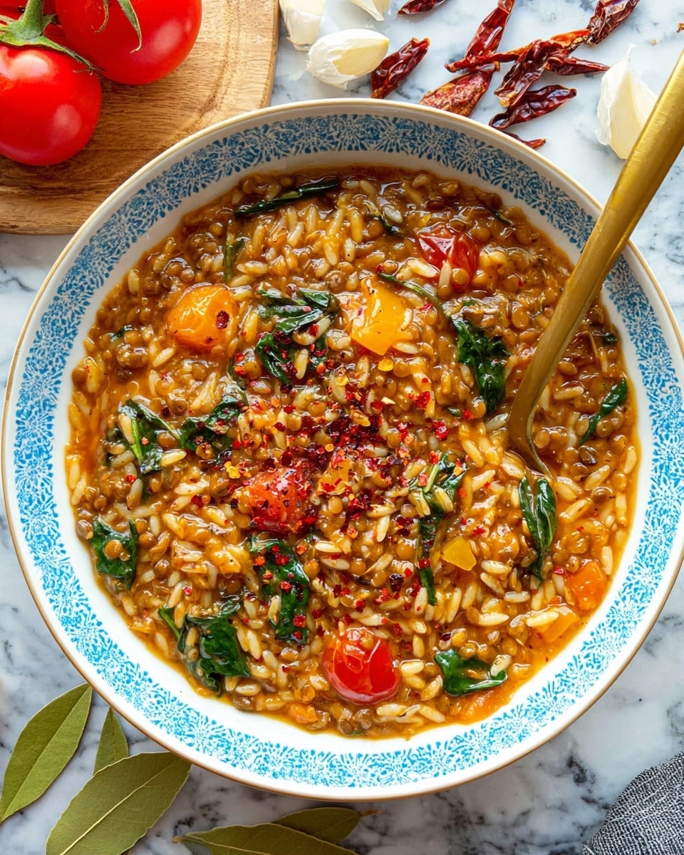 A close-up of a white bowl with a blue rim filled with a thick stew made of small brown lentils, light yellow orzo pasta, bright orange carrot slices, and green spinach leaves mixed throughout. The stew looks warm and slightly soupy with a reddish tint from small red pepper flakes and bits of tomato. A gold spoon is scooping some of the stew from the bowl, showing a mix of the ingredients. The bowl is placed on a white marbled surface with part of a patterned white plate showing underneath. photo taken with an iphone --ar 4:5 --v 7