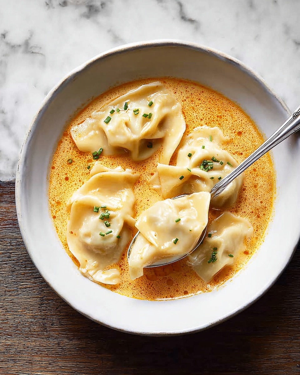 A shallow white bowl holds five large dumplings, each pale white and soft with slightly crinkled and folded edges, floating in a creamy orange sauce that looks smooth and lightly oily with small droplets of deeper orange oil on the surface, the sauce forming a thin, even layer up to the edges of the bowl. The dumplings vary slightly in shape but are plump, with some showing subtle ridges and folds from the dough. The bowl rests on a rustic wooden surface, adding a natural texture behind the dish. photo taken with an iphone --ar 4:5 --v 7