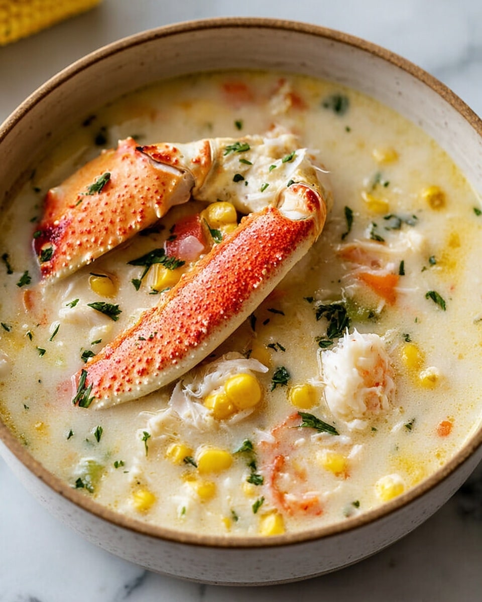 A bowl with creamy white chowder filled with chunks of white crab meat and bright yellow corn kernels, scattered green herbs adding contrast, and large pieces of crab claw with orange and red speckled shells resting on top, the soup showing a smooth, slightly thick texture with small bits of orange vegetable floating inside, all set on a white marbled surface. photo taken with an iphone --ar 4:5 --v 7