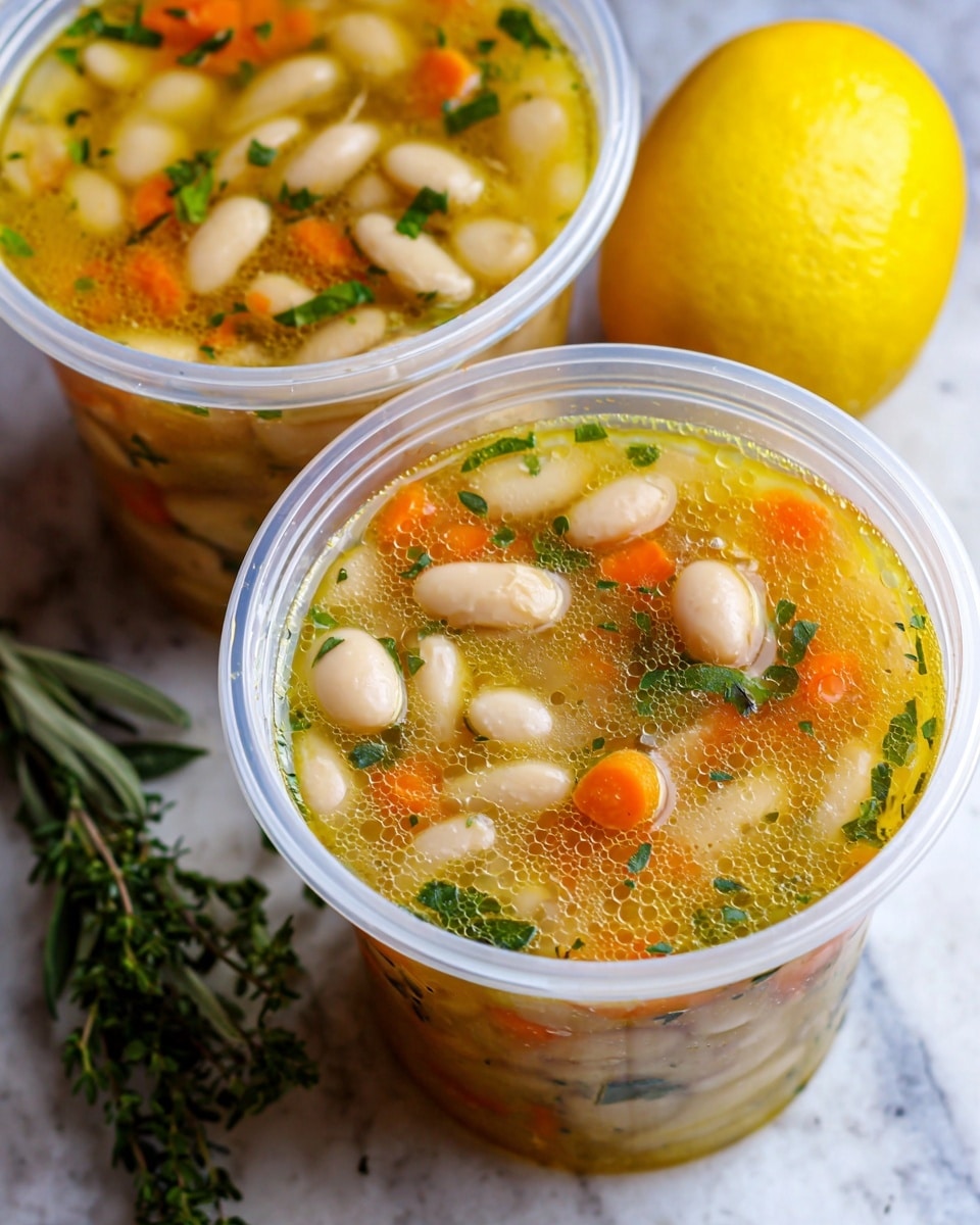 The image shows two clear plastic containers filled with a soup made of white beans, small orange carrot pieces, and green herbs floating in a yellow broth. The containers are placed on a white marbled texture, and there's a whole lemon and some sprigs of fresh herbs nearby. The soup has a slightly oily surface with bubbles and the beans appear soft and plump, while the carrots are evenly diced, giving a fresh and colorful look. Photo taken with an iphone --ar 4:5 --v 7