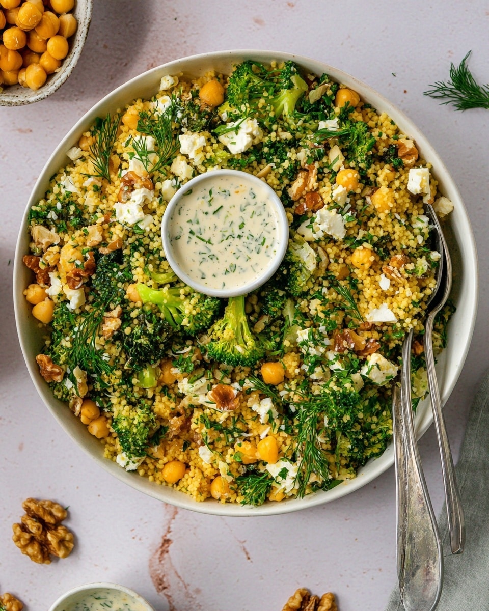 A white bowl filled with a colorful layered salad on a white marbled surface shows small, round, yellow couscous grains spread evenly throughout. Chopped white cheese pieces are scattered around the bowl, contrasting with green broccoli florets and finely chopped fresh herbs, mainly dill and parsley, adding vibrant green patches. There are also walnuts and chickpeas sprinkled throughout, giving texture. A small white cup of light creamy dressing with herbs sits in the center of the bowl. Two silver serving spoons rest inside on the left side, and walnut pieces are scattered nearby on the surface. Photo taken with an iphone --ar 4:5 --v 7