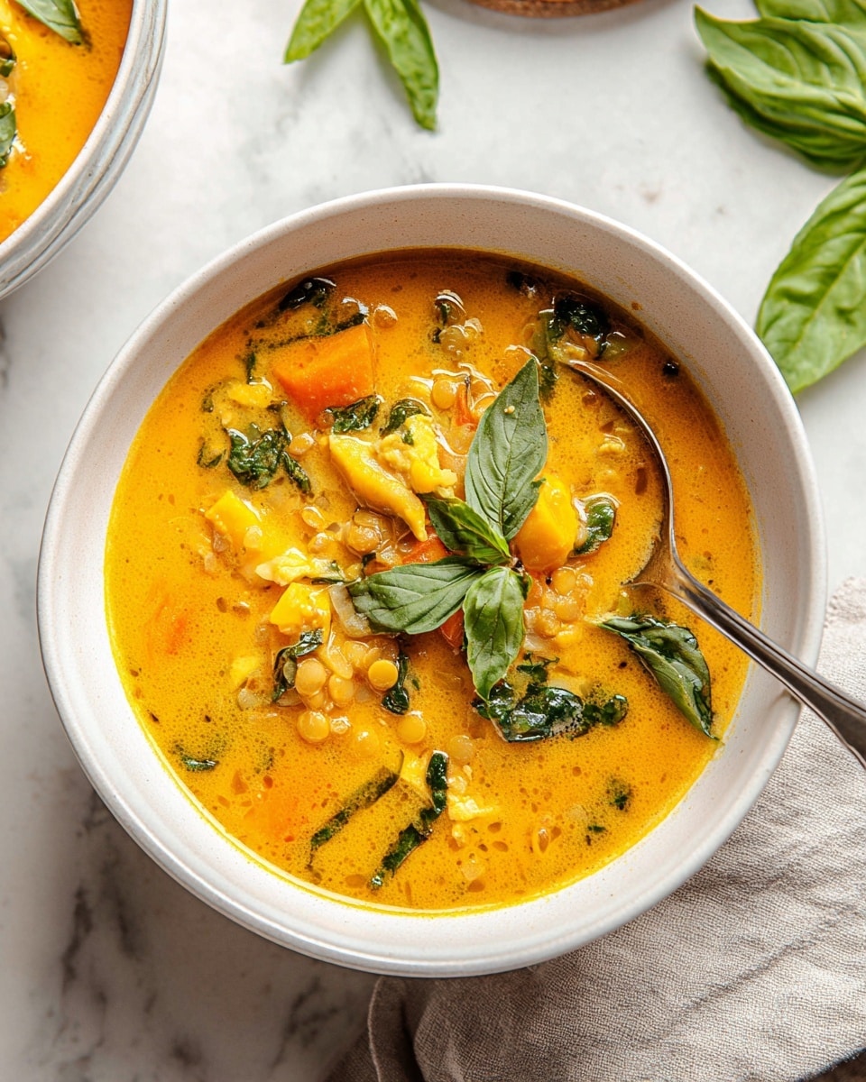 A white bowl filled with a rich orange-yellow soup with a creamy texture, containing chunks of yellow and orange vegetables, green leafy herbs, and small round lentils scattered throughout. On top, fresh dark green basil leaves are placed as garnish. A silver spoon rests inside the bowl on the right side, its handle leaning against the rim. The bowl sits on a white marbled surface, with part of another similar bowl visible in the upper right corner and a few fresh basil leaves slightly blurred in the upper left corner. A light gray cloth is positioned at the bottom right edge. photo taken with an iphone --ar 4:5 --v 7