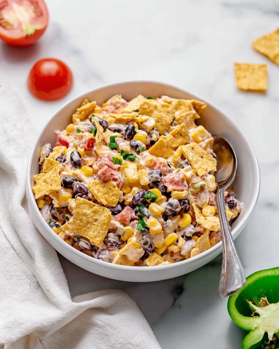 A white bowl filled with a colorful corn salad sits on a white marbled surface. The salad has several layers mixed together: bright yellow corn kernels, black beans, small pieces of green bell pepper, red tomato chunks, shredded light orange cheese, and crunchy corn chips broken into pieces. The salad is topped with a sprinkle of fresh green herbs. A silver spoon is inside the bowl resting at the edge. Nearby, a wooden cutting board holds a large knife, a sliced tomato, and green bell pepper strips. Another smaller white bowl with the same salad is at the right edge of the image. Photo taken with an iphone --ar 4:5 --v 7