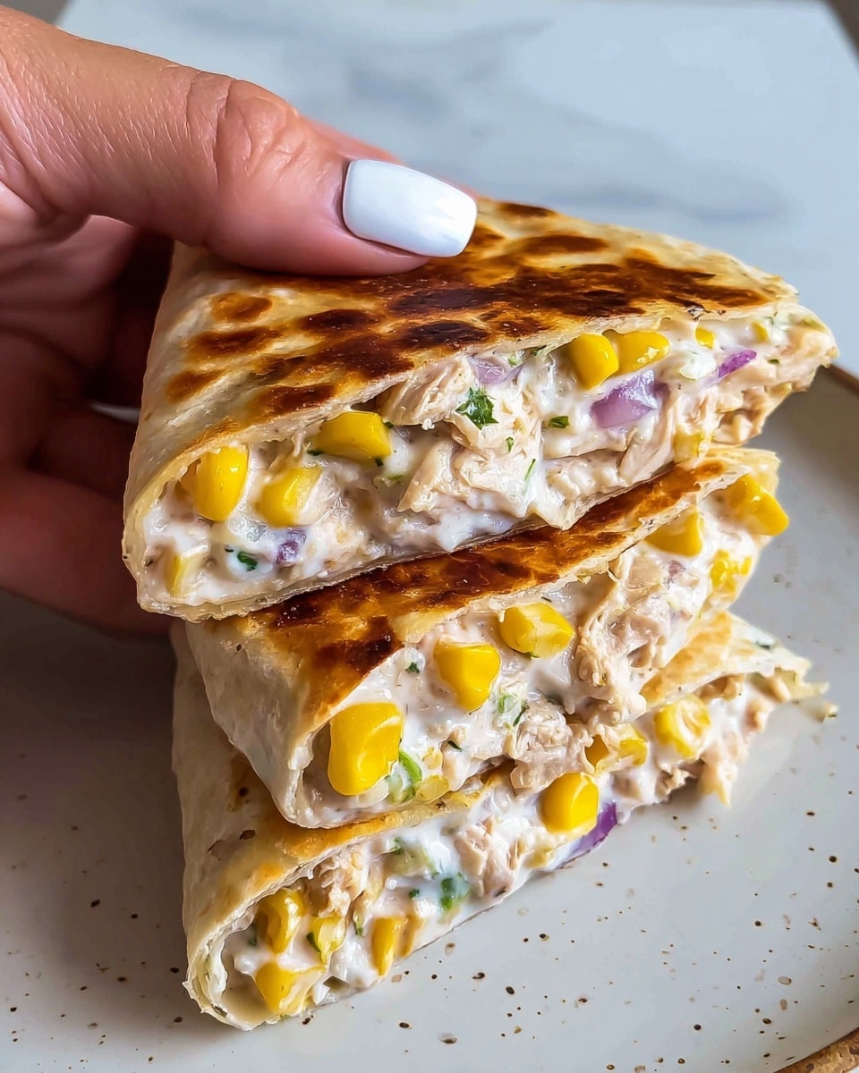 Two folded, square-shaped burritos sit stacked on a white speckled plate, placed over a white marbled textured surface. The outer layer is a golden-brown toasted tortilla with a slightly crispy texture. The burrito on top is cut in half, revealing three visible layers inside: a creamy off-white tuna or chicken salad mixed with small chunks of white onion, bright yellow corn kernels, and bits of purple onion or similar vegetable. The filling looks moist and chunky, tightly packed inside the soft, slightly thick tortilla wrap. Photo taken with an iphone --ar 4:5 --v 7