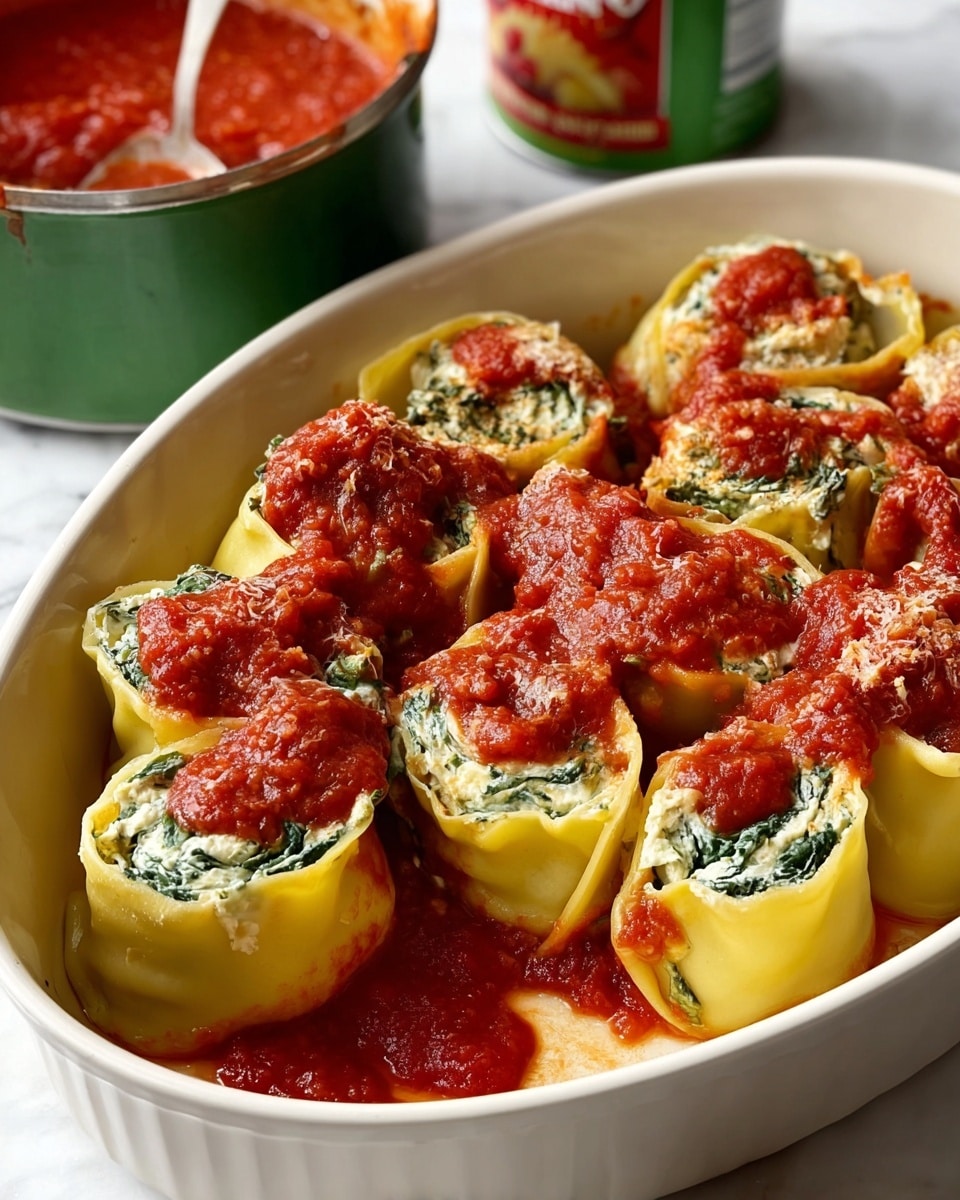 The image shows a white oval dish filled with tall pasta rolls standing upright, each with three visible layers: a yellow pasta outer layer, a green spinach middle layer, and a white creamy ricotta cheese inside. Each pasta roll is topped with a bright red crushed tomato sauce with a slightly chunky texture. The dish rests on a white marbled surface, with a green pot full of the same tomato sauce and a green can of crushed tomatoes in the background. The sauce peeks through the bottom of the pasta rolls and some sauce has overflowed on top, adding a vibrant contrast to the creamy layers inside the pasta rolls. photo taken with an iphone --ar 4:5 --v 7
