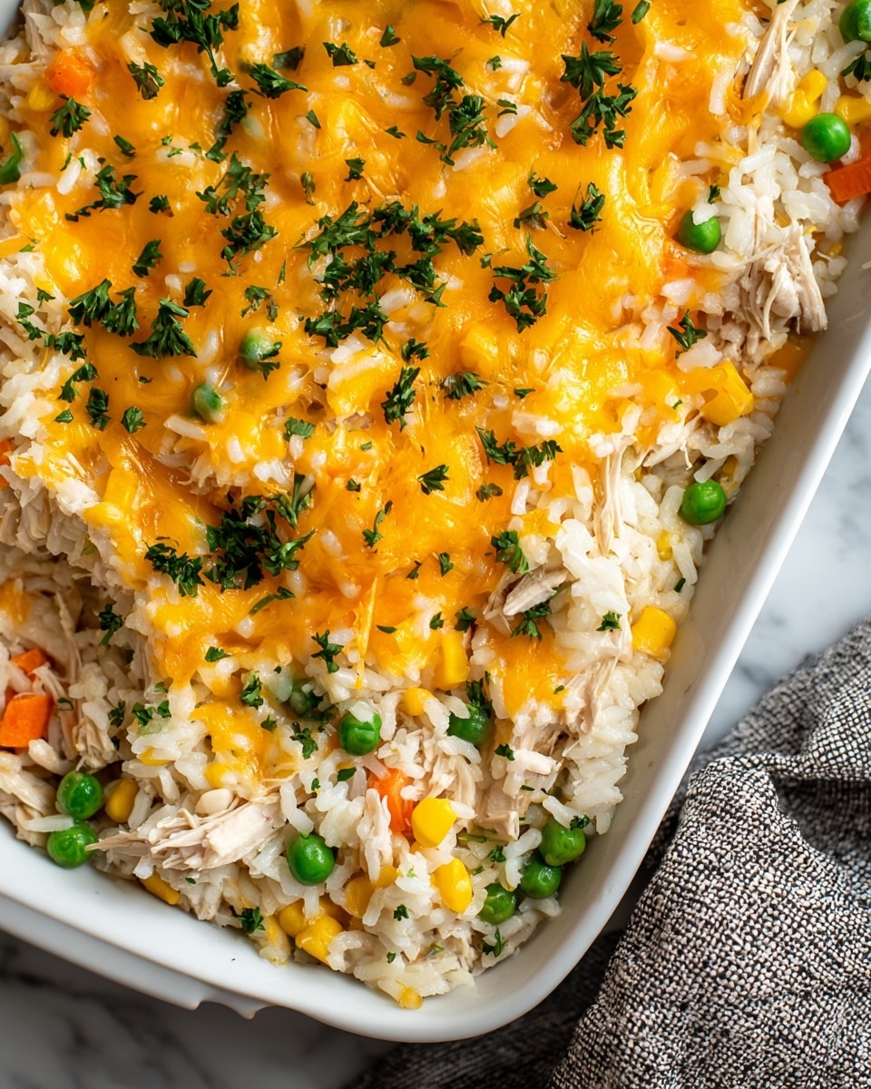 A close-up view of a white rectangular dish filled with a creamy chicken and rice casserole. The bottom layer is a mix of white rice, whole green peas, small orange carrot pieces, and yellow corn kernels, evenly spread throughout. On top of this vegetable and rice blend, there is shredded chicken scattered mostly in the corner of the dish. The whole surface is covered with a melted layer of bright orange cheddar cheese sprinkled with finely chopped fresh green parsley. The dish is placed on a white marbled surface, with a textured gray and white cloth tucked near the right side. photo taken with an iphone --ar 4:5 --v 7