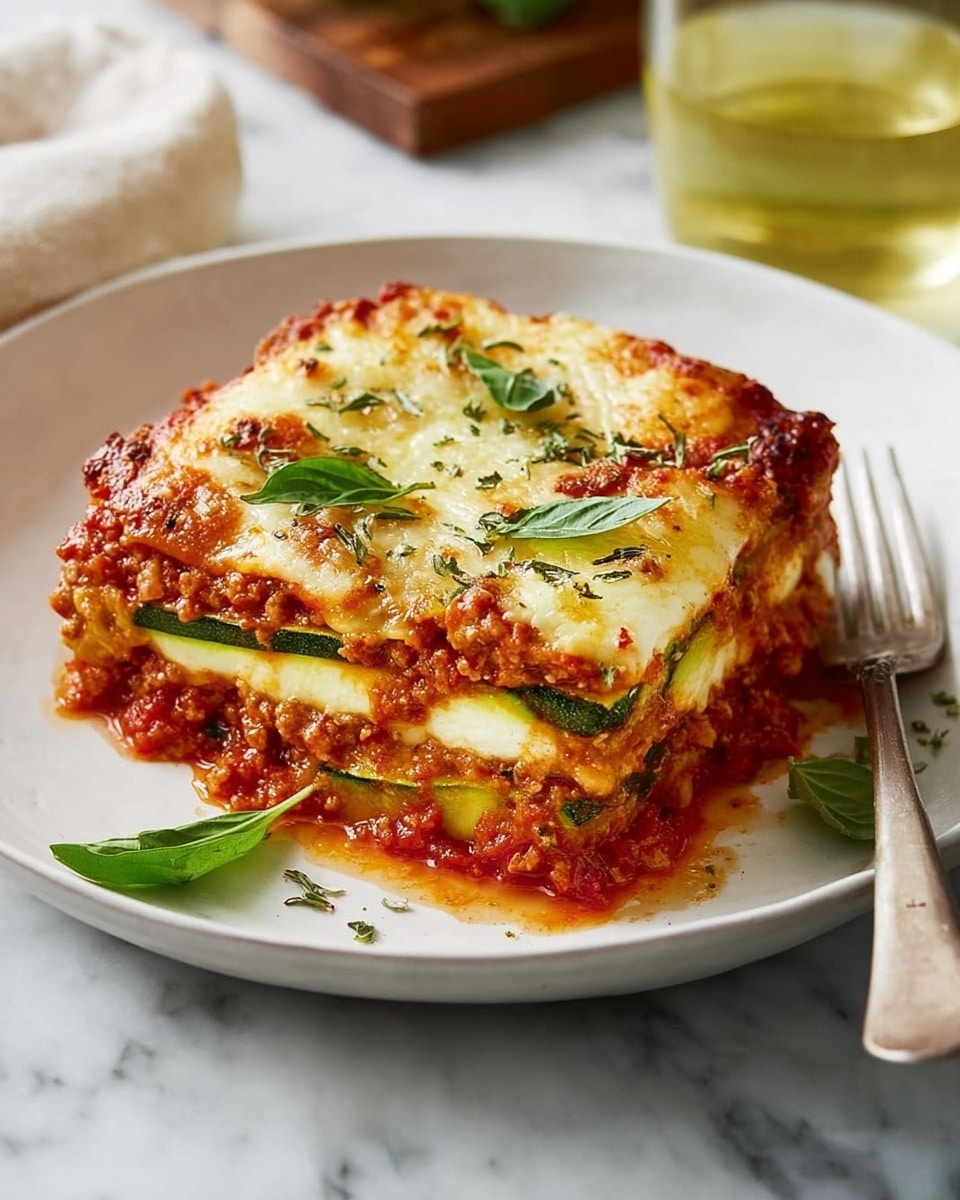 The image shows a white rectangular dish filled with six golden-browned zucchini roll-ups arranged in two columns and three rows. Each roll-up has multiple layers: thin green zucchini slices wrapped around a creamy white cheese filling with browned, bubbly melted cheese on top. The roll-ups sit on a thick, chunky red tomato sauce base that fills the dish's edges. Some fresh thin green basil strips are scattered on top, adding a fresh touch. The dish is placed on a wooden surface with a white marbled texture underneath, and a gray cloth is partly visible on the left side of the dish. Photo taken with an iphone --ar 4:5 --v 7