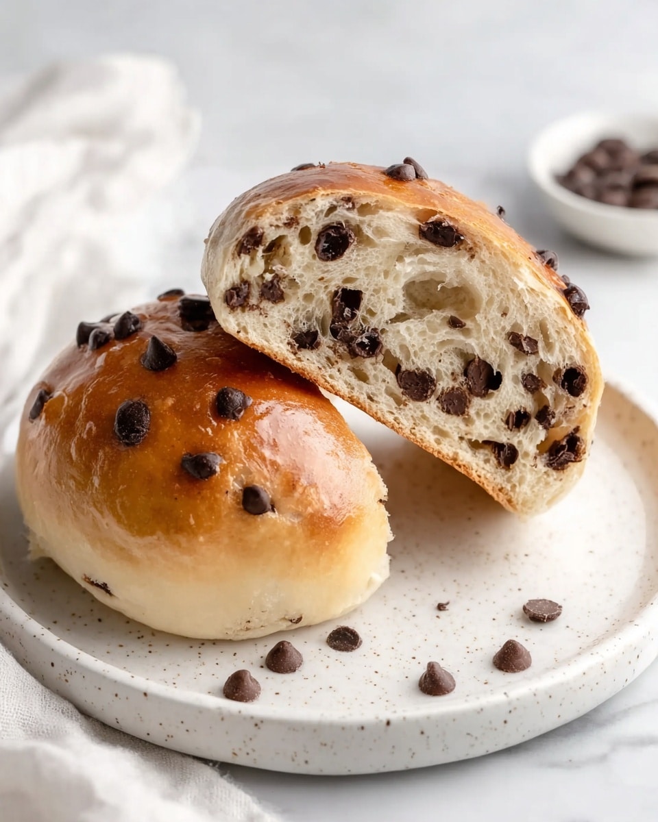 A stack of four golden brown chocolate chip buns resting on a crumpled white cloth on a white marbled surface. The top bun shows a smooth shiny crust dotted with dark chocolate chips, while the second bun from the top is cut open, revealing a soft, light tan interior filled with plenty of chocolate chips. Scattered chocolate chips and bread crumbs lie on the white marbled surface around the cloth, with a blurred white bowl containing butter in the background. photo taken with an iphone --ar 4:5 --v 7