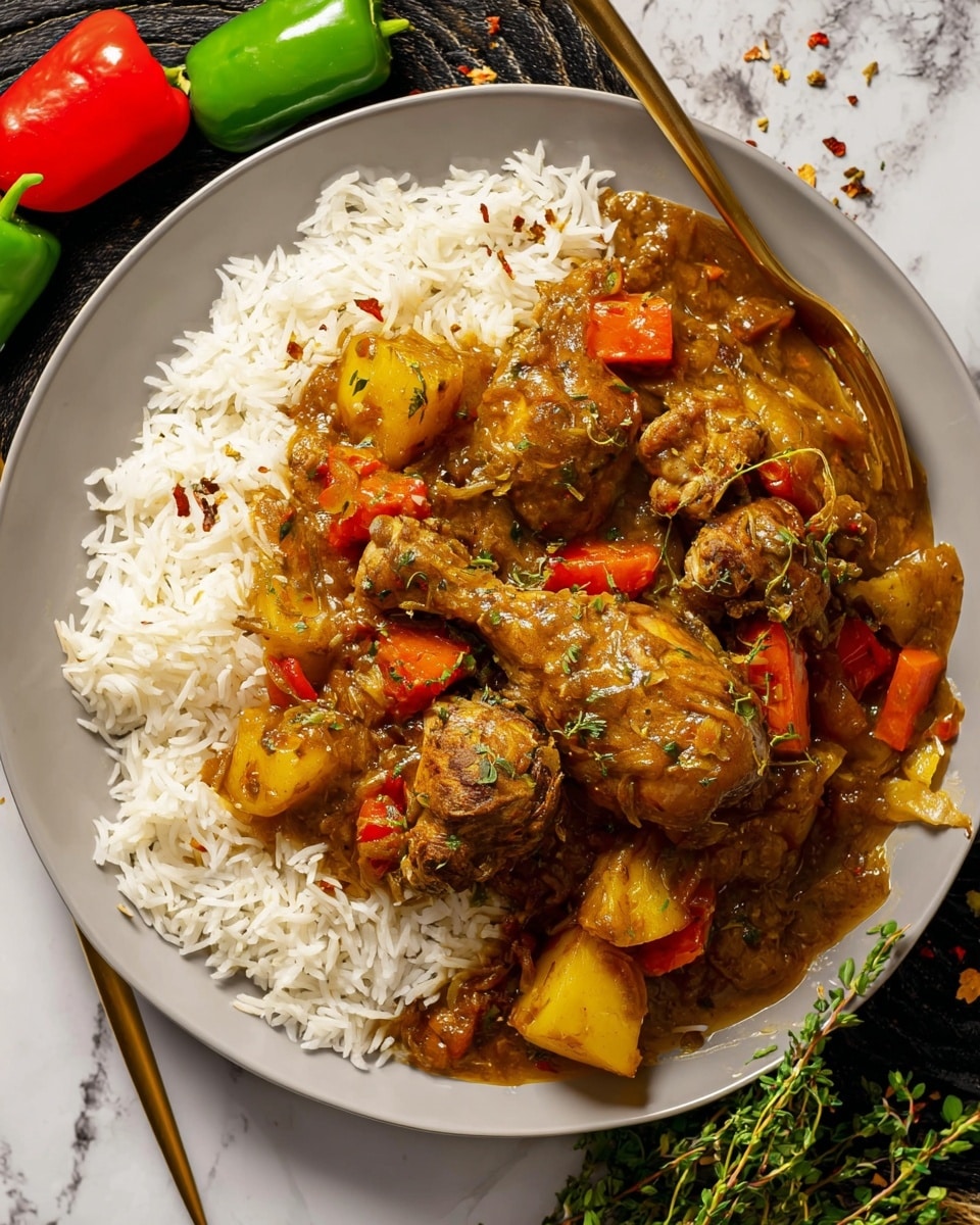 The image shows a black plate filled with a serving of white rice as the bottom layer, topped with a thick, brownish-green stew that contains chunks of chicken, potatoes, and red bell peppers. The stew is saucy with visible herbs and spices mixed in, giving it a textured look. There are two gold forks resting on the plate, one on the left side and one on the right side. The plate is placed on a wooden table with a red cloth underneath. Around the plate, there are green and red peppers, some herb sprigs, and a glass of iced orange drink in the upper left corner. The photo has a warm and cozy feel, with a simple but appetizing presentation. Photo taken with an iphone --ar 4:5 --v 7