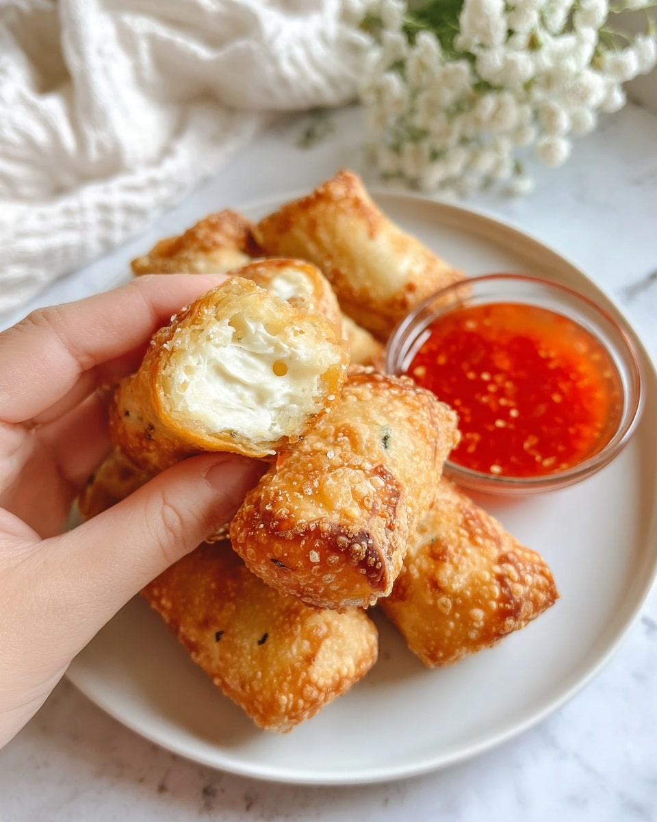 A white plate with a silver rim holds about ten golden brown, crispy rectangular spring rolls, each showing a bubbly, crunchy surface texture. The spring rolls are layered randomly, some overlapping others, filling most of the plate. To the right on the plate is a small clear glass bowl filled with bright orange-red sweet chili sauce dotted with tiny chili pieces. In the upper left background, there are small white flowers adding a gentle decorative touch, placed over a white marbled surface with a white cloth nearby. photo taken with an iphone --ar 4:5 --v 7