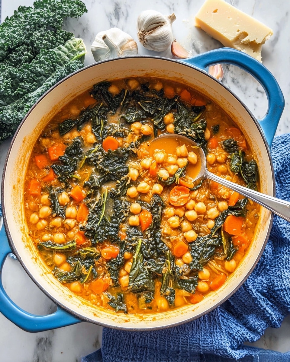 A white pot with blue handles is filled with a warm stew made of three main layers: the bottom layer is a rich orange broth, the middle layer has round light beige chickpeas and small orange carrot slices, and the top layer features dark green leafy kale scattered evenly. A silver spoon rests inside the pot, blending into the mixture while the pot sits on a white marbled surface with some kale leaves, whole garlic cloves, a block of cheese, and a blue cloth around it. The texture shows the softness of the cooked vegetables and the plumpness of the chickpeas photo taken with an iphone --ar 4:5 --v 7