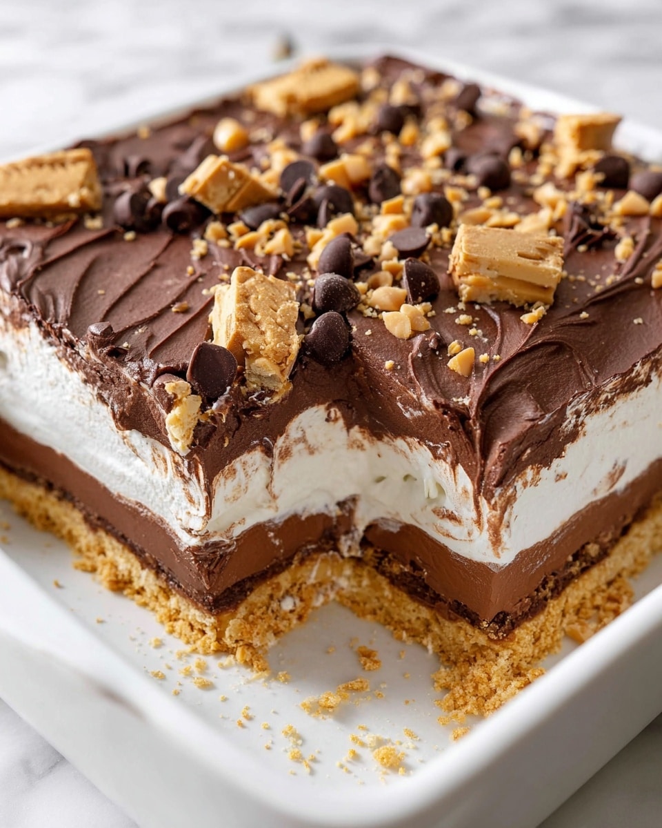 A close-up of a layered dessert inside a white square dish, showing four visible layers: a bottom layer of crushed golden graham cracker crust, a thick dark brown chocolate layer above it, then a thick white creamy layer, topped with a thick, swirled dark chocolate layer. The top is covered with scattered peanut butter chips, small dark chocolate chunks, and small broken pieces of golden cookies. A slice has been cut out, revealing the clean cross-section of the layers. The background is a white marbled texture. Photo taken with an iphone --ar 4:5 --v 7