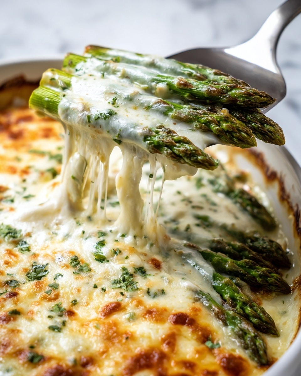 The image shows a close-up of a cheesy asparagus bake. The dish has two main layers: the bottom layer is made of bright green asparagus spears neatly arranged side by side, while the top layer is a thick, melted, stretchy white cheese with golden-brown spots from baking. The cheese covers the asparagus fully and has bits of green herbs sprinkled all over. A metal spatula lifts some asparagus, stretching the gooey cheese in thin strands back to the dish underneath. The dish is in a white baking dish sitting on a white marbled surface. photo taken with an iphone --ar 4:5 --v 7