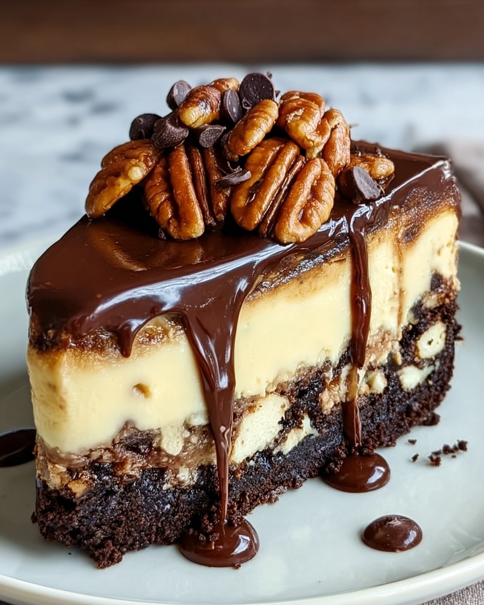 The image shows a single slice of layered dessert on a white plate, set on a white marbled surface. The slice has three main layers: the bottom is a dark chocolate cookie crumb crust mixed with chunks of white cookie pieces, giving it a crumbly and mixed texture; the middle layer is a thick, smooth cream cheese or cheesecake layer in pale yellow; the top layer is a shiny, melting dark chocolate glaze that drips down the sides. On top, there is a cluster of large, glossy pecans and small dark chocolate chips, adding texture and a rich, nutty look. Photo taken with an iphone --ar 4:5 --v 7