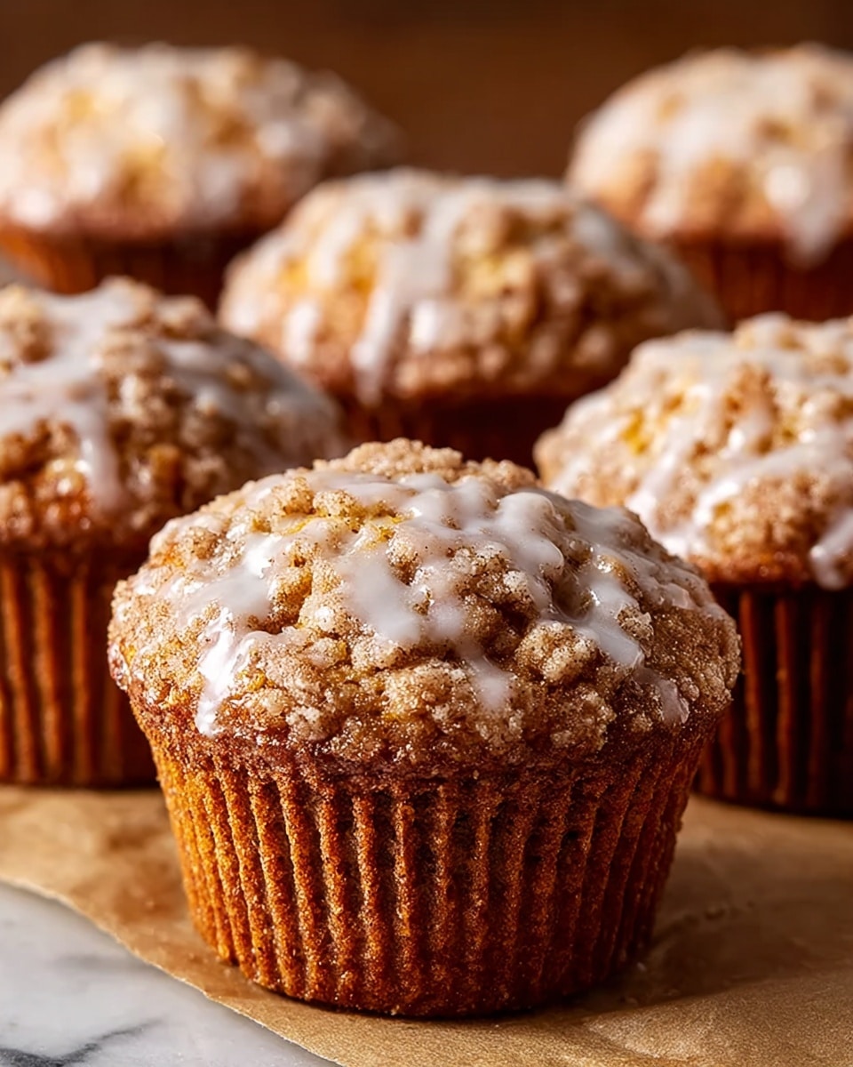 The image shows a close-up of six muffins resting on brown parchment paper over a white marbled surface. Each muffin has a golden-brown base with a rough, crumbly texture and is topped with a light drizzle of white icing that glistens slightly. The muffins have a slightly domed shape with a textured top that looks crunchy and moist. The background is blurred, emphasizing the front-center muffin with clear details of its texture and icing. Photo taken with an iphone --ar 4:5 --v 7