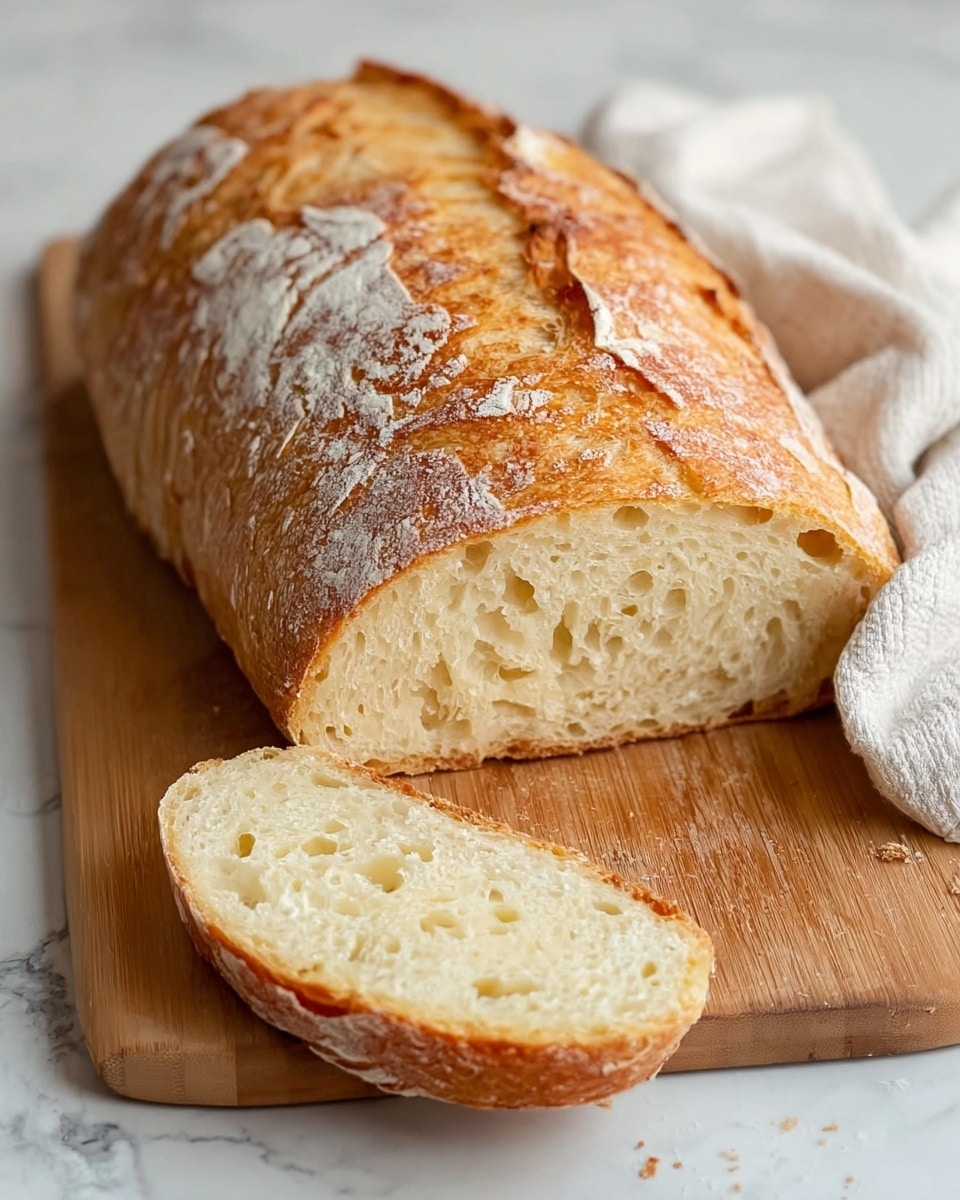 A loaf of crusty bread with a golden-brown outer layer that is slightly cracked and dusted with flour sits on a wooden board. The bread is cut in half to show its soft, airy interior, which is pale cream in color with small to medium holes scattered throughout. One slice is laid flat in front of the loaf, showing the fluffy texture inside and the thin crust edge. A white cloth is partially visible in the background, resting on a white marbled surface. photo taken with an iphone --ar 4:5 --v 7