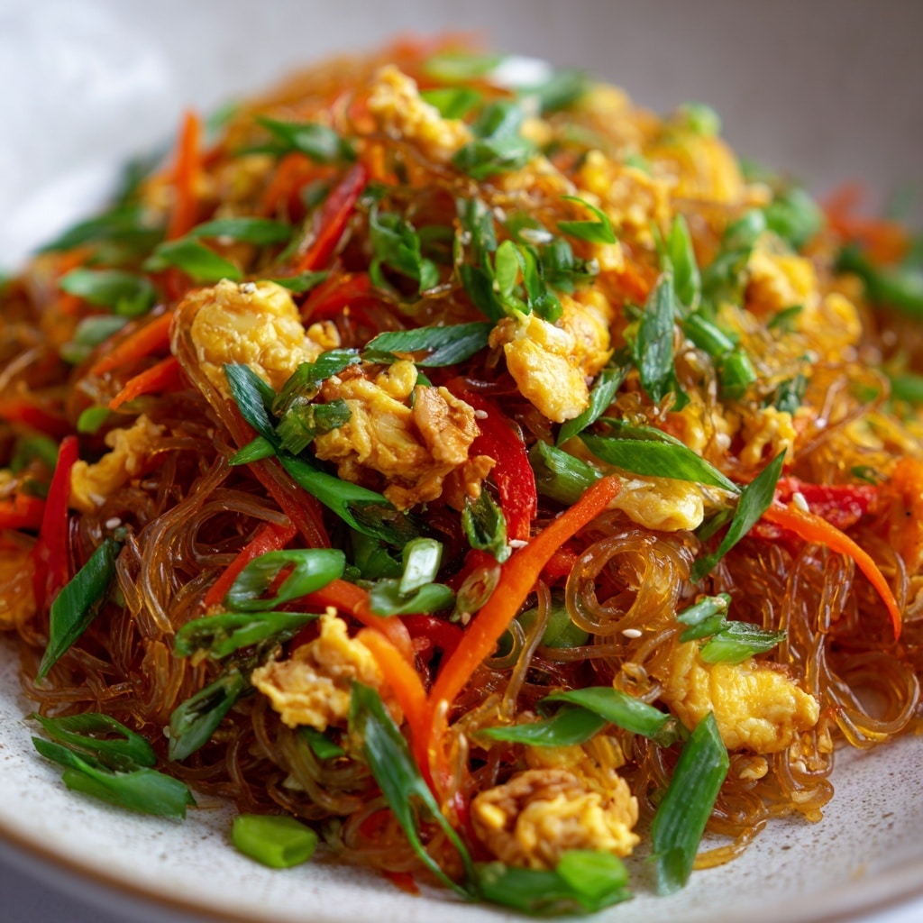 A white bowl filled with clear, glossy glass noodles forming the top layer, mixed with small, light brown pieces of cooked chicken and soft scrambled egg chunks with a yellow color, scattered throughout. Bright green scallion stalks and chopped green onions add fresh color among thin slices of orange carrot and small pieces of red chili scattered evenly, creating a mix of warm and fresh tones. Two wooden chopsticks rest on the edge of the bowl. The bowl sits on a wooden surface with a small white bowl of chopped green onions beside it. photo taken with an iphone --ar 4:5 --v 7