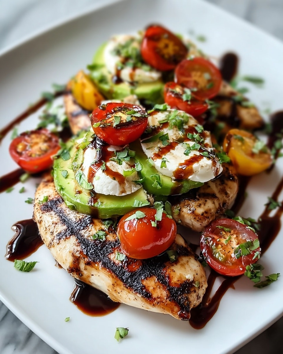 A white square plate holds a dish with three main layers. The bottom layer is lightly charred grilled chicken breasts with grill marks and a golden brown color. On top of the chicken, there are slices of bright green avocado and creamy white cheese, arranged in overlapping pieces. Scattered around and on top are grilled cherry tomatoes, some halved and some whole, showing dark grill stripes and a shiny, juicy surface. The dish is finished with a drizzle of dark balsamic glaze and small green chopped herbs sprinkled across. The plate sits on a white marbled background. Photo taken with an iphone --ar 4:5 --v 7