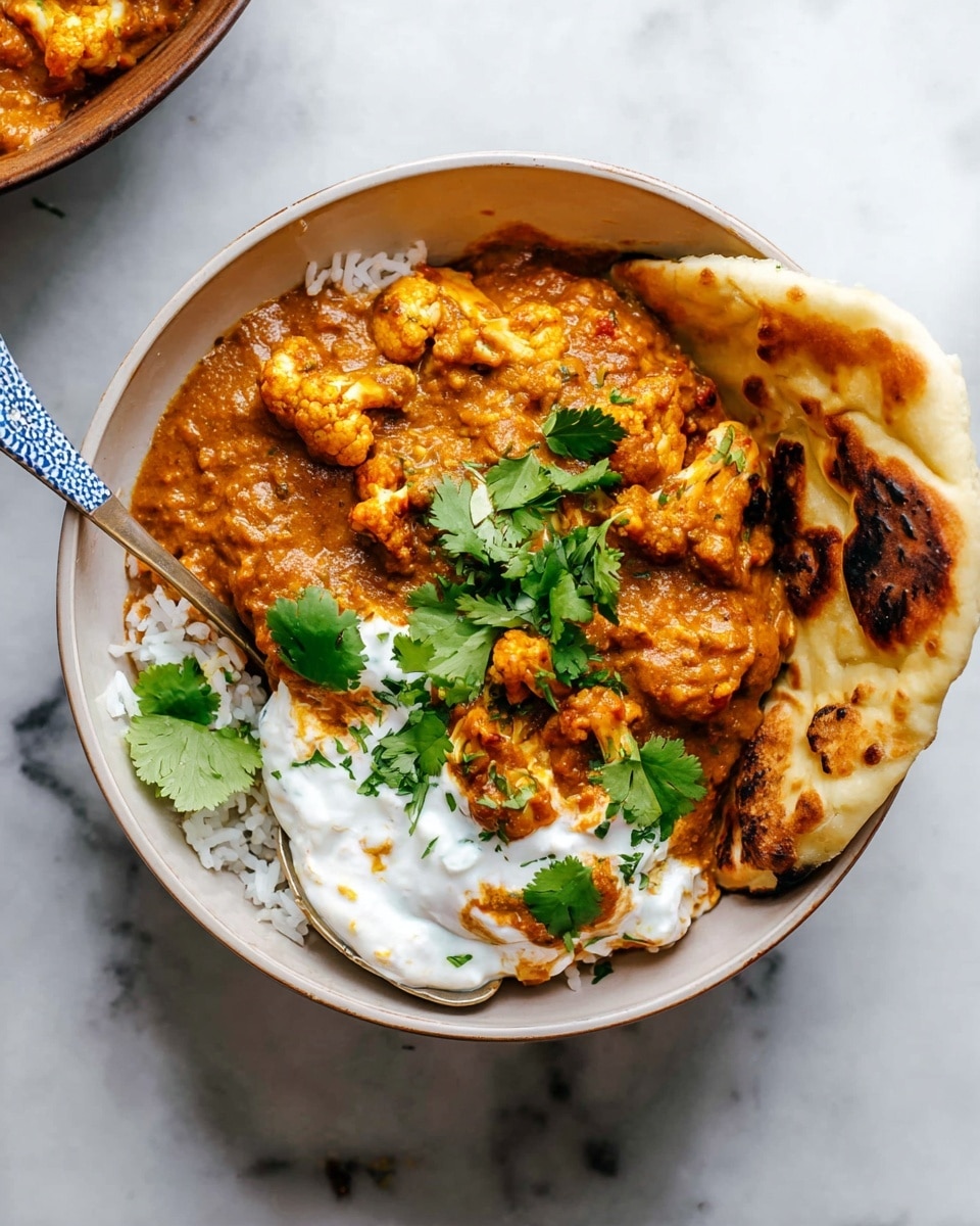 Two white bowls each hold a layered dish starting with a base of fluffy white rice, topped with bright orange-brown curried cauliflower pieces covered in a thick sauce. On top, there are fresh green cilantro leaves scattered around for garnish, and a dollop of white yogurt or cream in the center of the curry. Each bowl has two pieces of toasted flatbread placed on the side, showing browned spots from grilling. A dark-handled spoon rests inside one of the bowls. The bowls and small amount of food are set on a white marbled surface, with a partial view of additional curry in a pan nearby and a white bowl with more yogurt on the side. Photo taken with an iphone --ar 4:5 --v 7