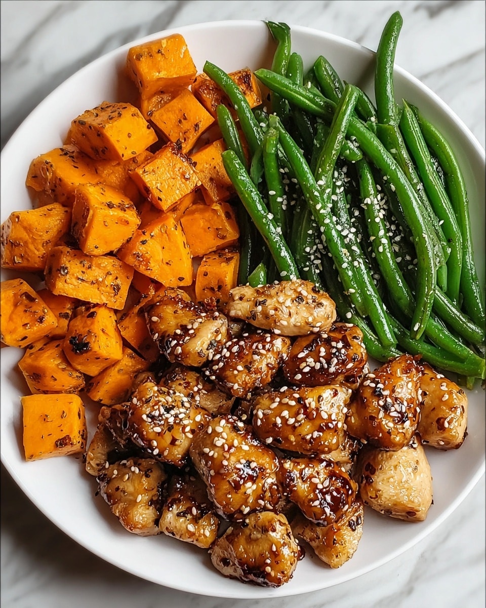 A white round plate holds three sections of food: on the top left, bright orange roasted sweet potato cubes with a slightly charred texture and specks of seasoning; on the right, a mound of shiny, vibrant green steamed green beans sprinkled with white sesame seeds; and at the bottom, a generous pile of golden brown glazed chicken pieces with a glossy, slightly sticky sauce, also topped with sesame seeds. The plate is set on a white marbled surface. Photo taken with an iphone --ar 4:5 --v 7