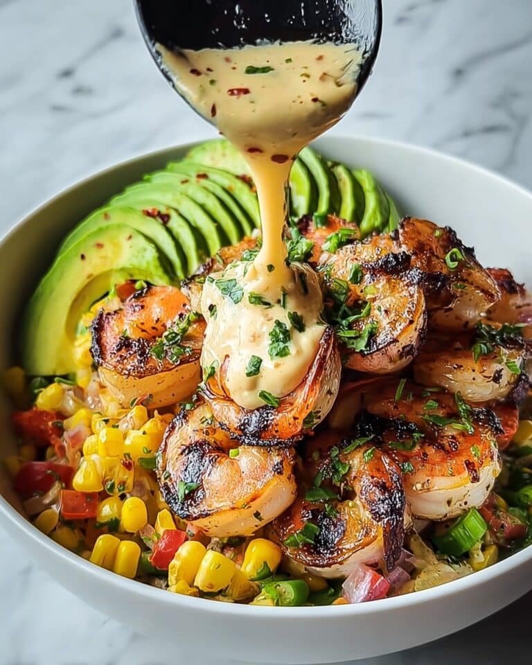 Grilled Shrimp Bowl with Avocado, Corn Salsa & Creamy Garlic Sauce Recipe