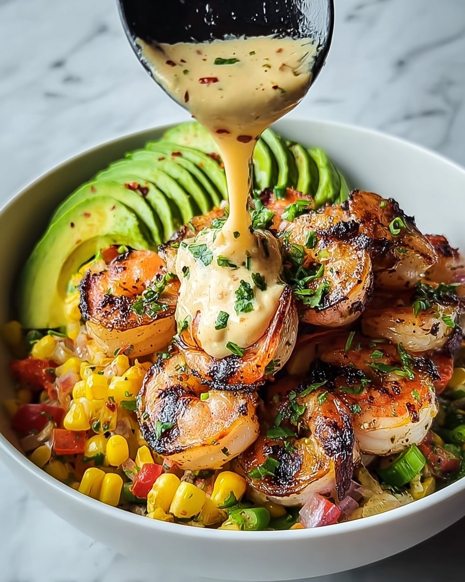 A white bowl filled with a colorful layered shrimp dish sits on a white marbled surface. The bottom layer is bright yellow grilled corn mixed with bits of red onion and green avocado, giving a fresh, chunky texture. On top of this sits a generous pile of charred, reddish-orange grilled shrimp, sprinkled with finely chopped green herbs. To the side, there are two slices of fresh green avocado and a creamy, light-colored spice sauce dolloped next to them. A woman's hand is holding a shrimp dipped in the creamy sauce above the bowl, with the sauce dripping down. photo taken with an iphone --ar 4:5 --v 7