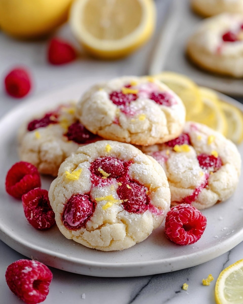 A white plate holds five soft cookies, each about one layer thick, with a light golden-brown base and a slightly cracked texture. The tops feature embedded bright red raspberries and small pieces of pale yellow lemon zest scattered across the surface. A light dusting of white powdered sugar covers parts of the cookies, enhancing their texture. Around the plate are fresh raspberries and lemon wedges, all set on a white marbled textured surface. Photo taken with an iphone --ar 4:5 --v 7