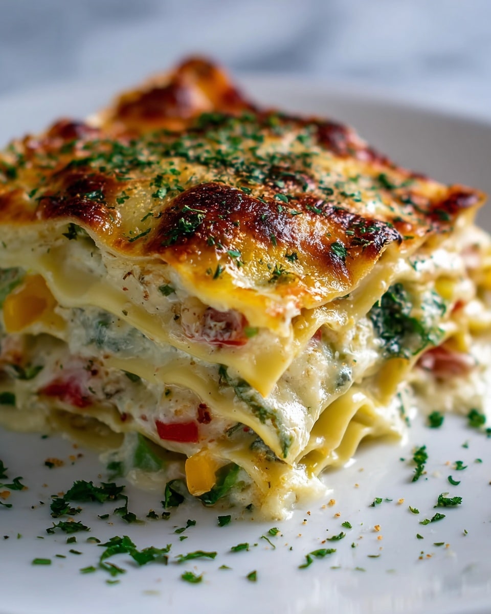 A thick slice of lasagna with four visible layers sits on a white plate with some green herbs sprinkled around. The top layer is golden brown melted cheese with small spots of darker browning, sprinkled with chopped green herbs. Below that, there are alternating layers of creamy white sauce and pasta sheets. Inside the sauce, slices of zucchini, red bell peppers, and yellow bell peppers add color with their green, red, and yellow hues. The lasagna looks rich and creamy with a slightly bubbly texture from the melted cheese and sauce. The background is a white marbled surface with a white bowl blurred in the back. Photo taken with an iphone --ar 4:5 --v 7