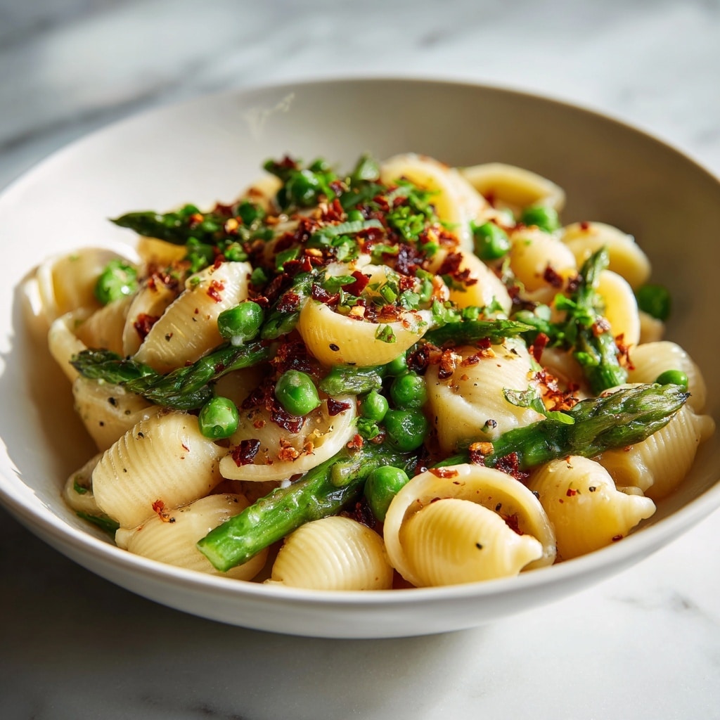 A close-up of a bowl filled with pasta shells, light beige in color with a glossy texture, covered with small bits of green herbs and red chili flakes, mixed with bright green asparagus spears and peas scattered evenly throughout. The pasta and vegetables show a slight sheen, indicating a light sauce or oil coating. The bowl is white with a rough gray edge, placed on a white marbled surface, presenting a fresh and vibrant look. photo taken with an iphone --ar 4:5 --v 7
