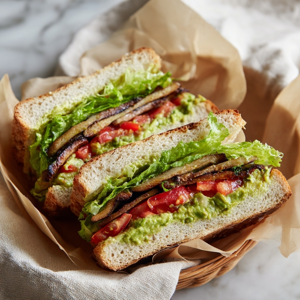 The sandwich is cut in half, showing four layers inside a soft, light beige bread. The bottom layer is a spread of green guacamole with small bits of herbs. Above this are thick, bright red tomato slices with shiny juice on top. Next is a stack of dark brown, crispy textured strips that look like plant-based bacon. The top layer consists of fresh, bright green lettuce leaves. The sandwich halves rest on crinkled brown paper over a white marbled surface. Photo taken with an iphone --ar 4:5 --v 7