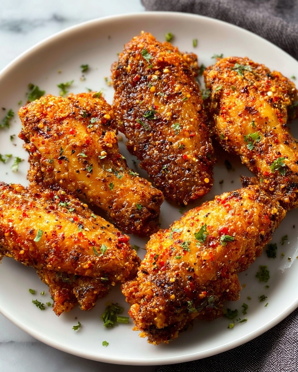Five pieces of crispy fried chicken wings are on a white plate. Each wing has a golden-brown color with a crunchy, coated texture, showing some small bits of seasoning and herbs. The chicken pieces are arranged randomly but closely on the plate. There are a few small green herbs sprinkled lightly around the wings. The plate is set on a white marbled surface with a soft gray cloth edge visible. Photo taken with an iphone --ar 4:5 --v 7