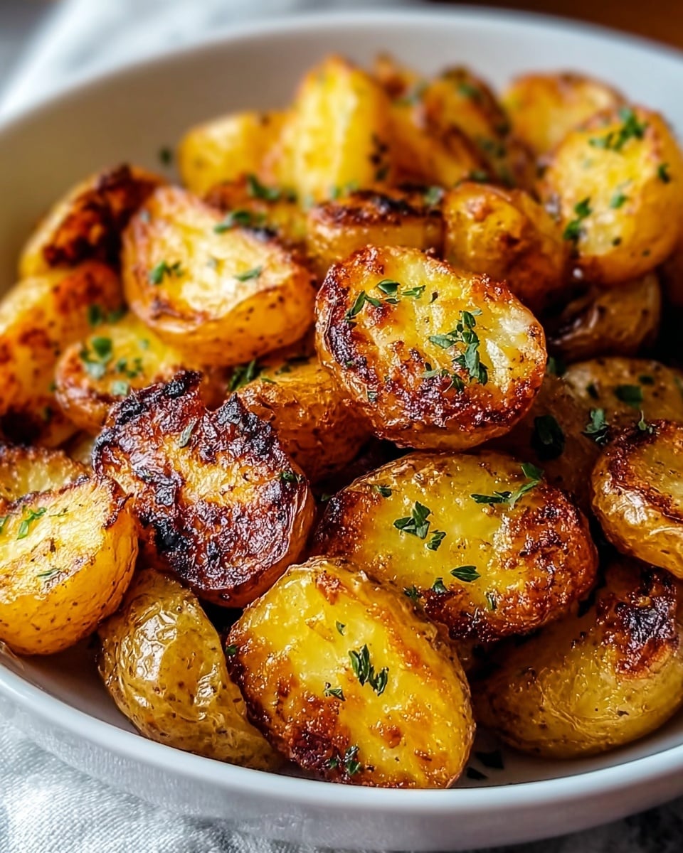 A white shallow bowl is filled with golden-brown roasted potato halves that have a crispy, slightly charred outside and a soft, light yellow inside. Each potato piece shows a textured surface with small bits of green herbs sprinkled evenly on top, adding fresh green specks. The potatoes are piled closely together, showing a mix of smooth and browned rough skin with a shiny, slightly oily glaze, all sitting on a white marbled surface. photo taken with an iphone --ar 4:5 --v 7