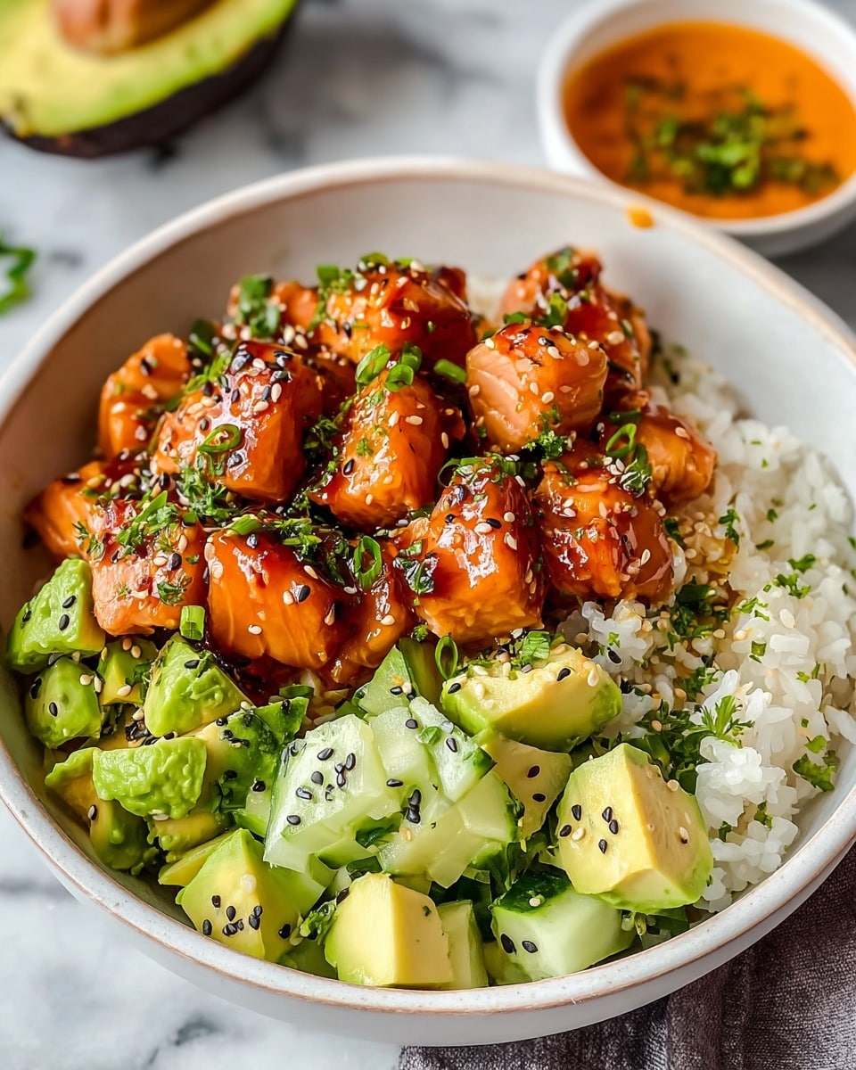The dish is in a white bowl filled with three main layers. The bottom layer is light brown cauliflower rice with a grainy texture. On top of that, there are several pieces of glazed grilled salmon with a shiny, dark reddish-brown sauce and black grill marks. The salmon is garnished with green chopped herbs and white sesame seeds. To the left, there are several slices of bright green avocado, and on the right, thick slices of fresh cucumber with a crisp texture sit on the rice. The bowl is placed on a white marbled surface with a dark cloth partially visible. Photo taken with an iphone --ar 4:5 --v 7